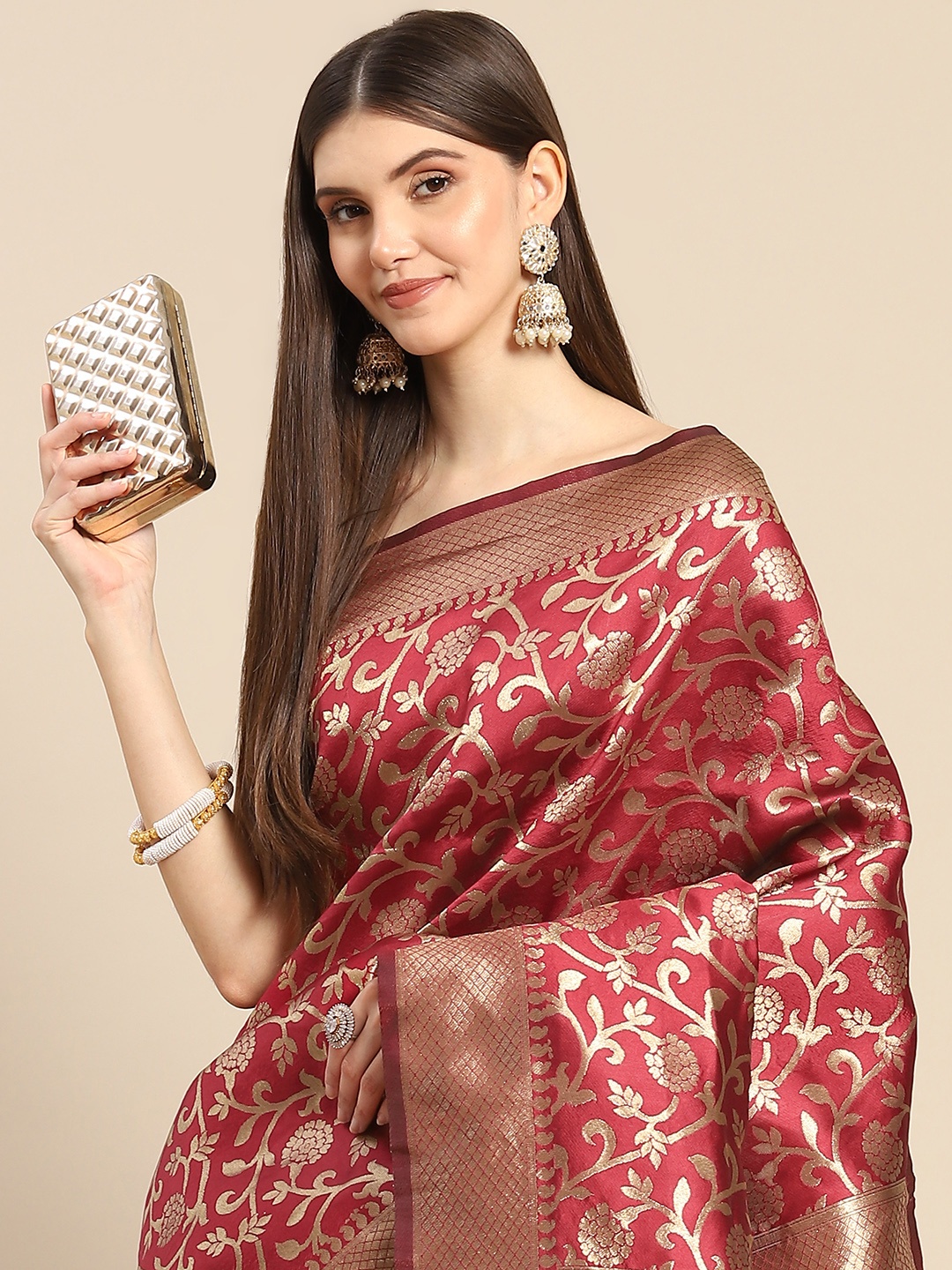 

Anouk Woman Burgundy Floral Silk Blend Banarasi Saree