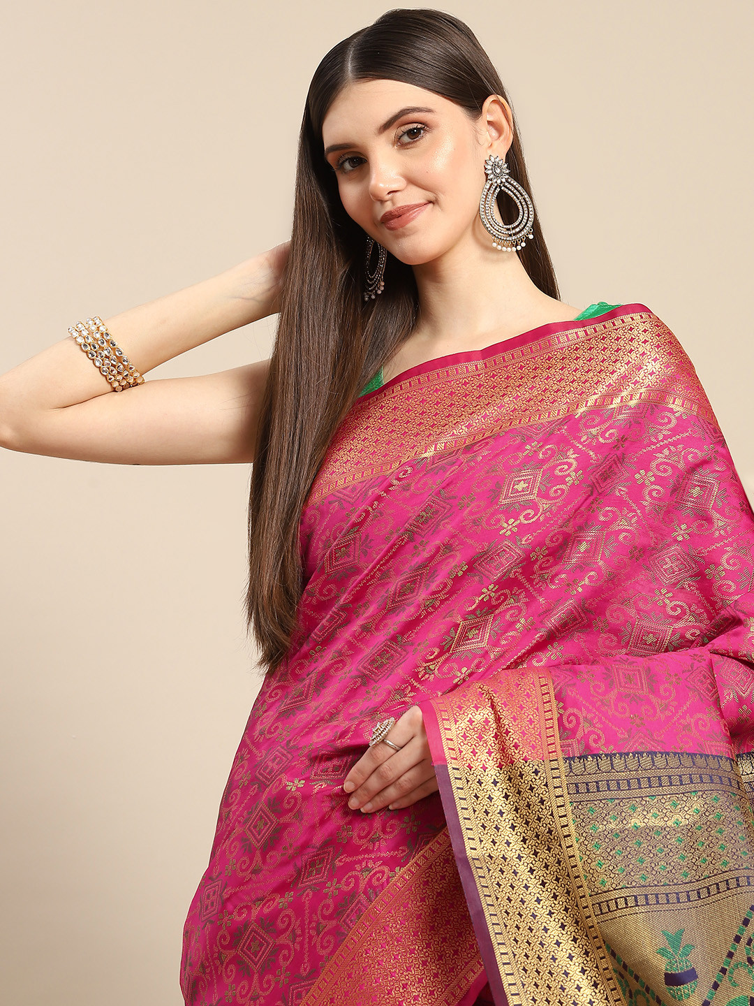 

Anouk Pink & Golden Ethnic Motifs Zari Silk Blend Banarasi Saree