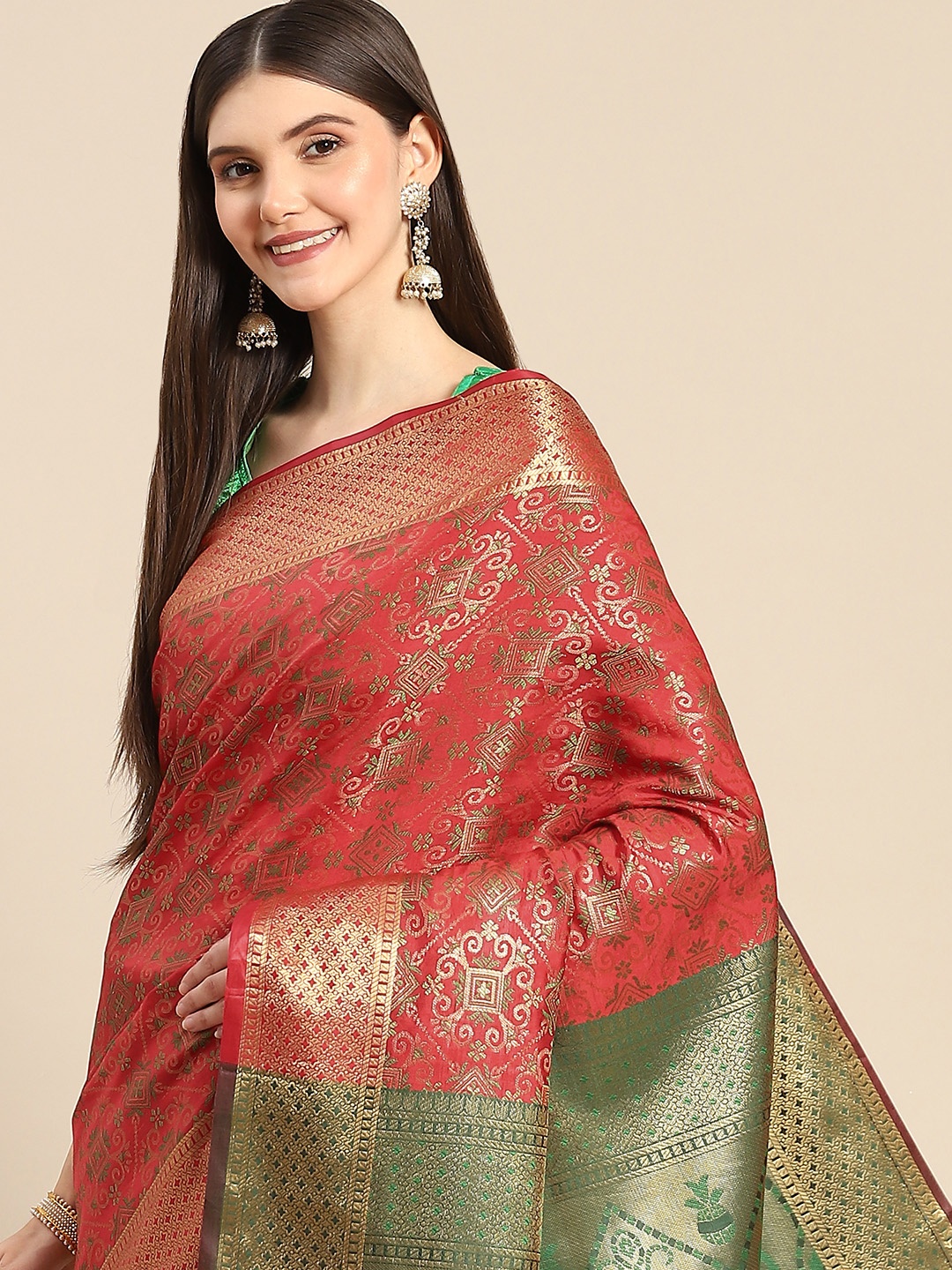 

Anouk Red & Golden Ethnic Motifs Zari Silk Blend Banarasi Saree