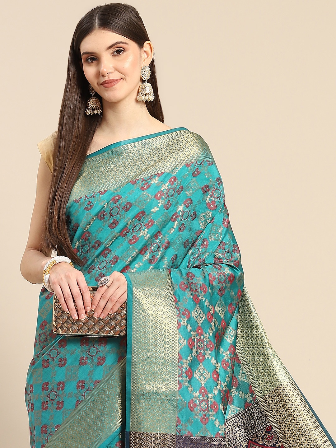 

Anouk Woman Teal & Red Ethnic Motifs Silk Blend Banarasi Saree