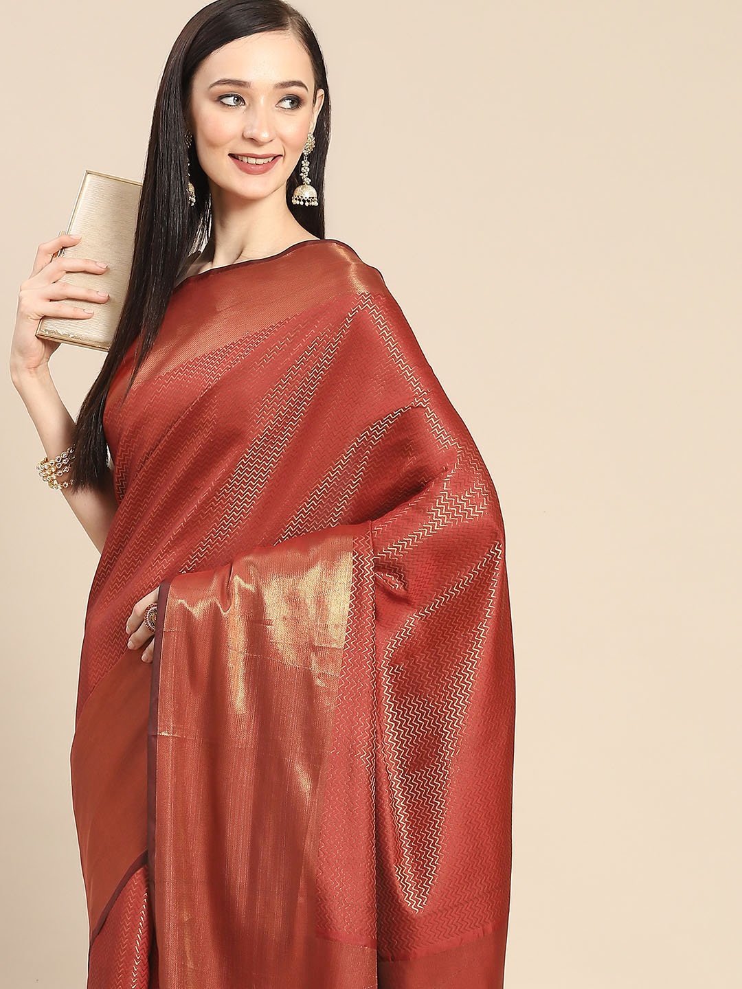 

Anouk Red & Golden Woven Design Zari Silk Blend Banarasi Saree