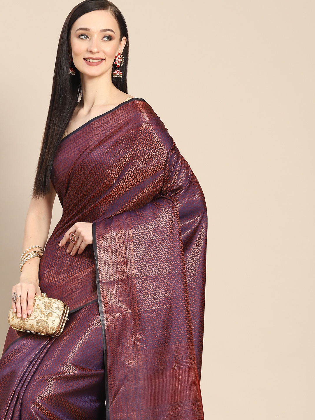 

Anouk Navy Blue & Golden Woven Design Zari Silk Blend Banarasi Saree