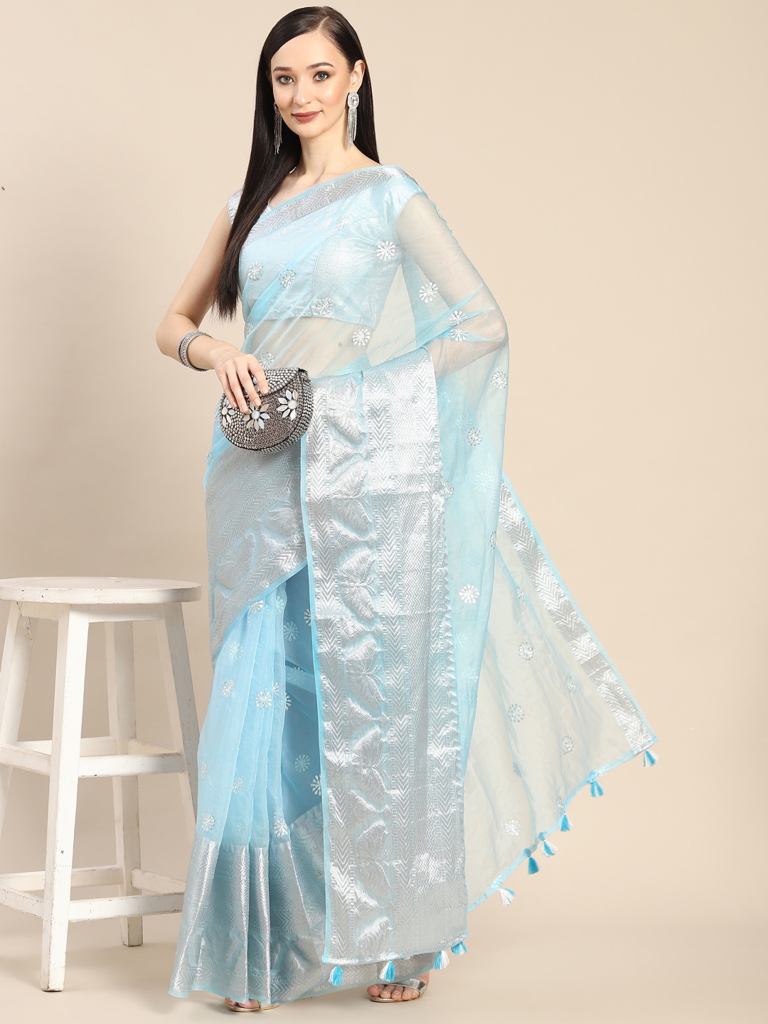 

Anouk Blue & Silver-Coloured Embellished Sequinned Organza Saree