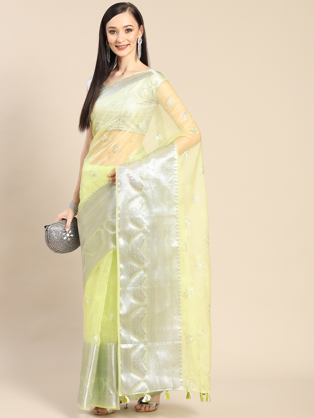 

Anouk Lime Green & Silver-Coloured Embellished Sequinned Organza Saree