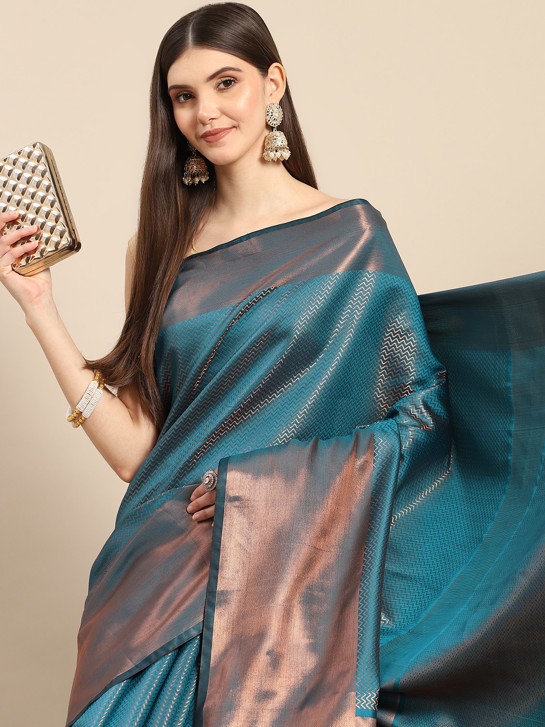 

Anouk Teal Green & Rose Gold Woven Design Zari Silk Blend Banarasi Saree