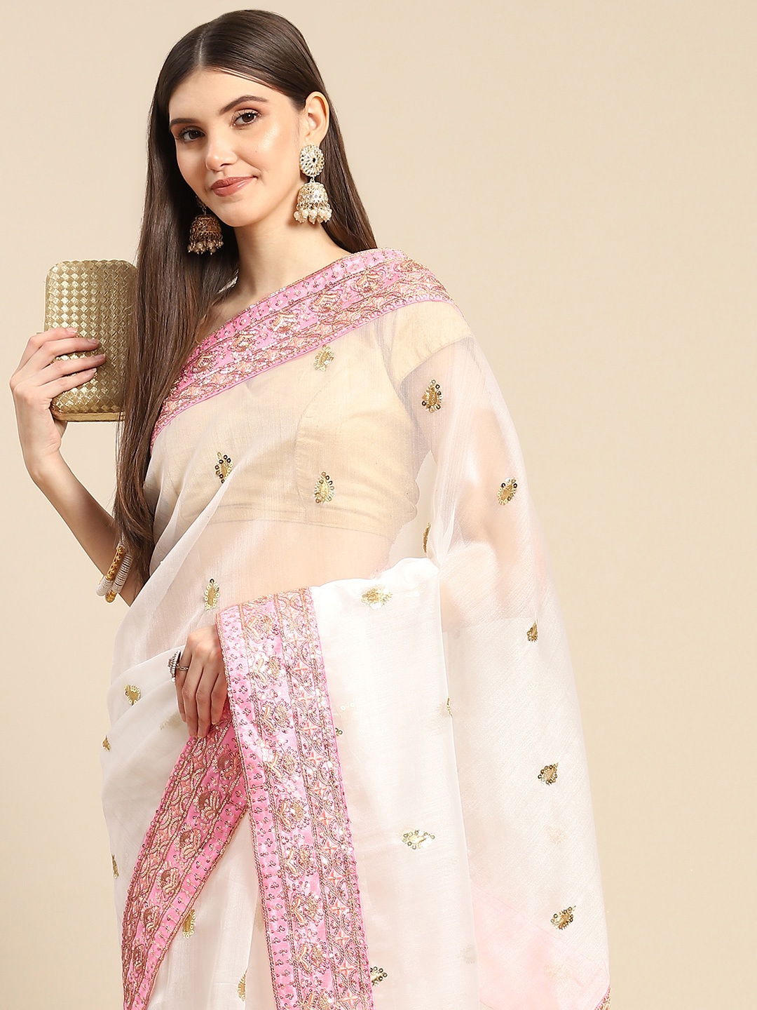 

Anouk White & Golden Embellished Sequinned Organza Saree