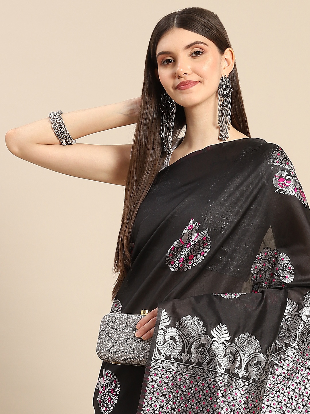 

Anouk Black & Silver-Coloured Ethnic Motifs Zari Silk Blend Banarasi Saree