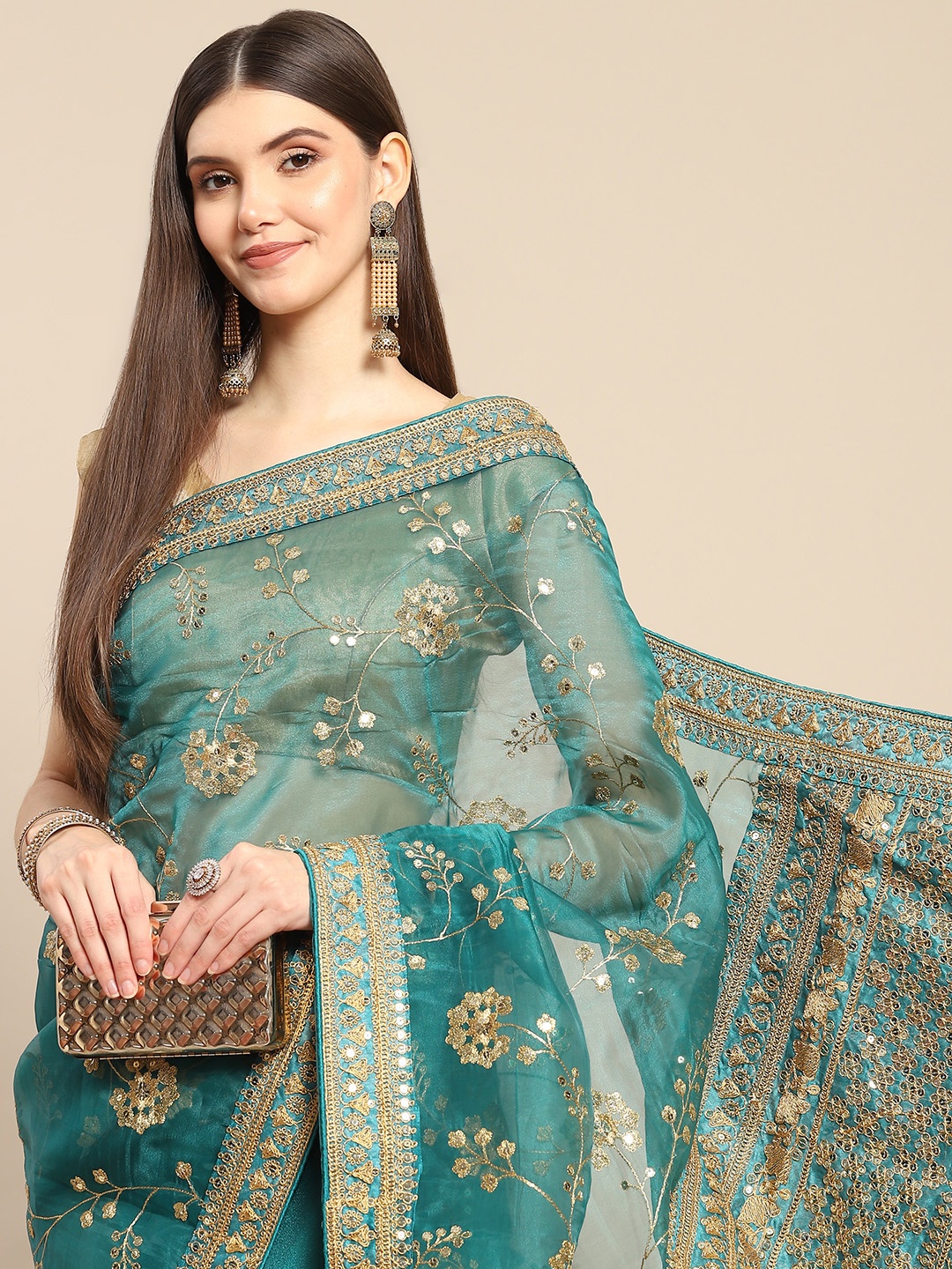 

Anouk Woman Green Embellished Organza Saree