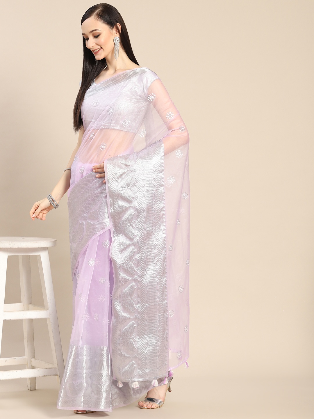 

Anouk Lavender & Silver-Coloured Embellished Sequinned Organza Saree