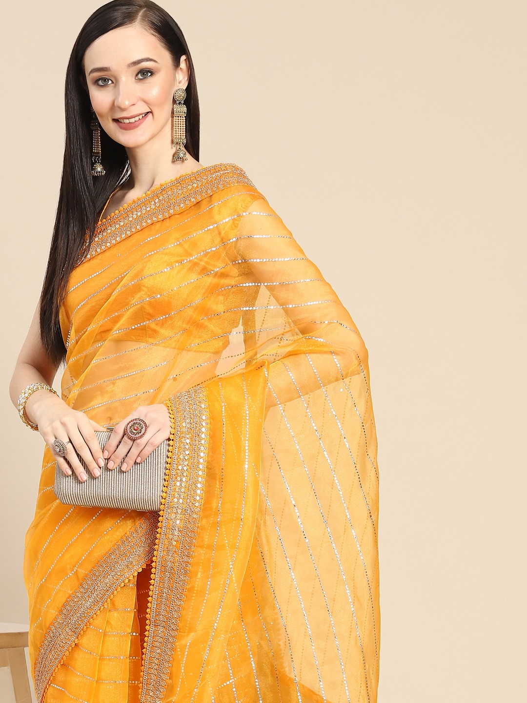 

Anouk Mustard Yellow Striped Sequinned Organza Saree