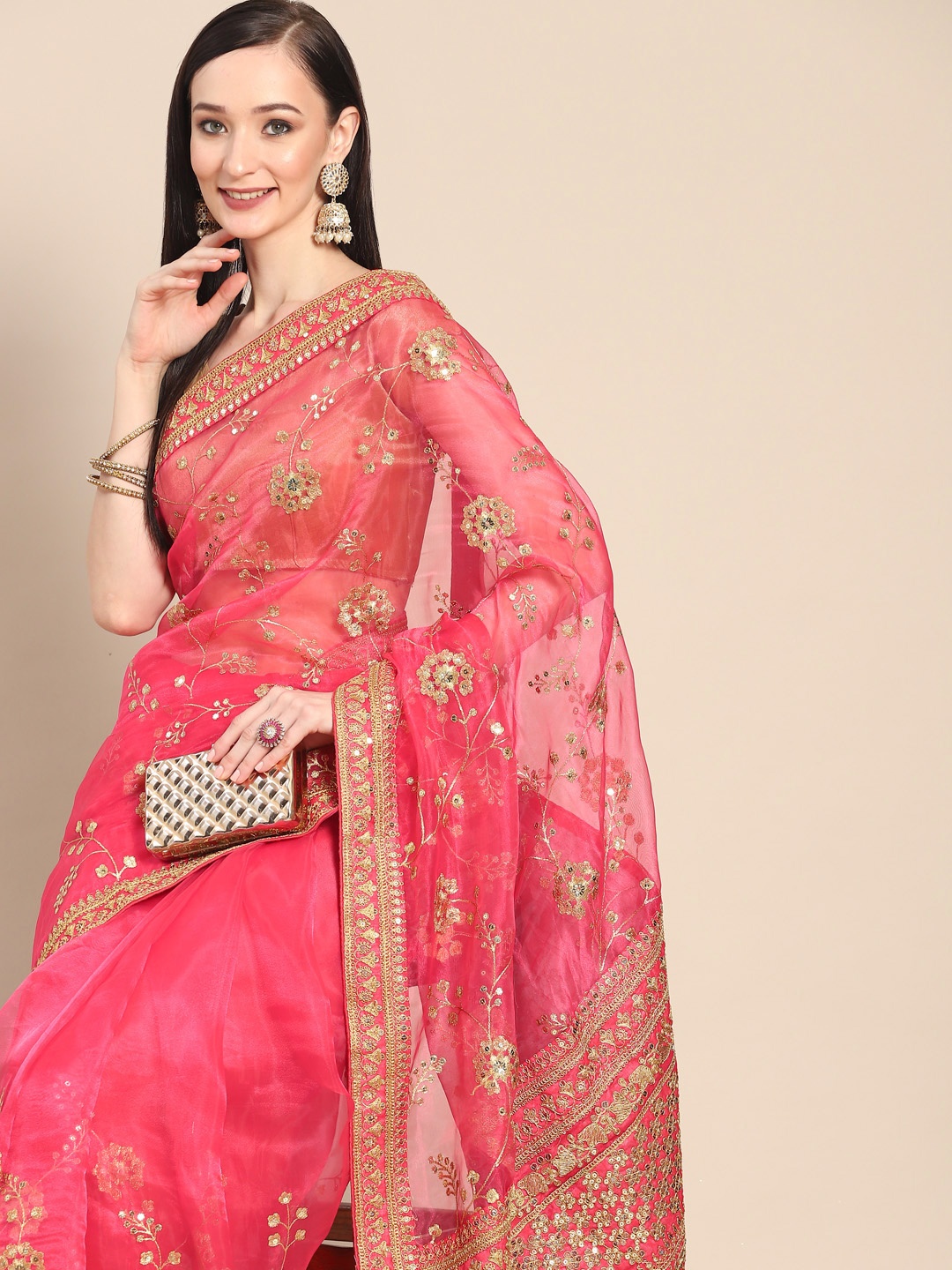 

Anouk Pink & Golden Embellished Sequinned Organza Saree