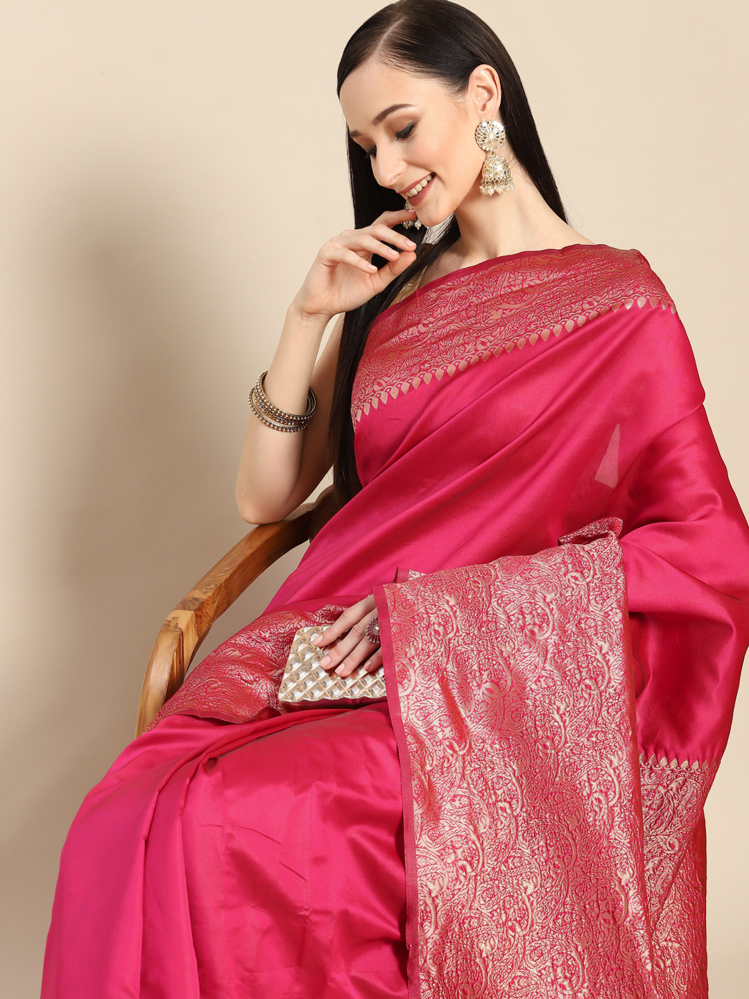 

Anouk Pink & Golden Silk Blend Banarasi Saree