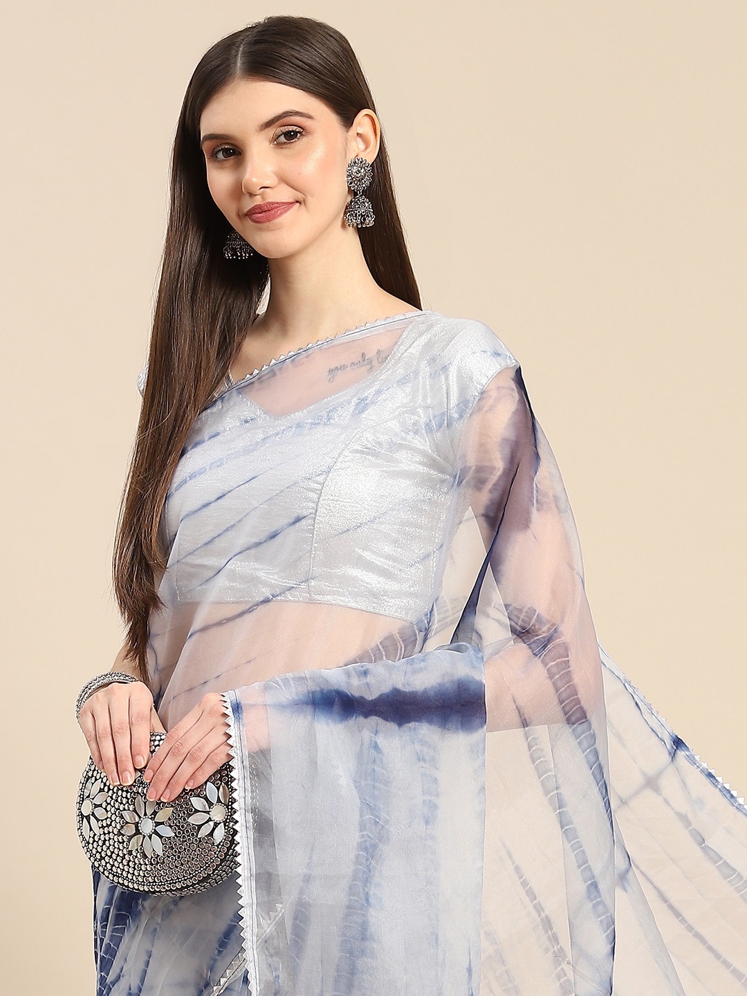 

Anouk Off White & Navy Blue Tie and Dye Organza Saree