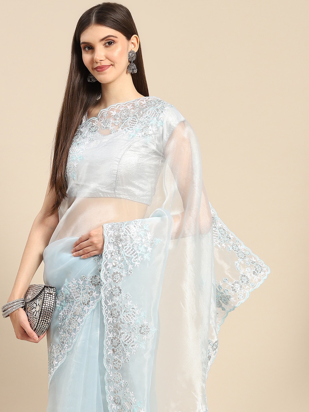 

Anouk Blue Organza Saree With Embroidered Border