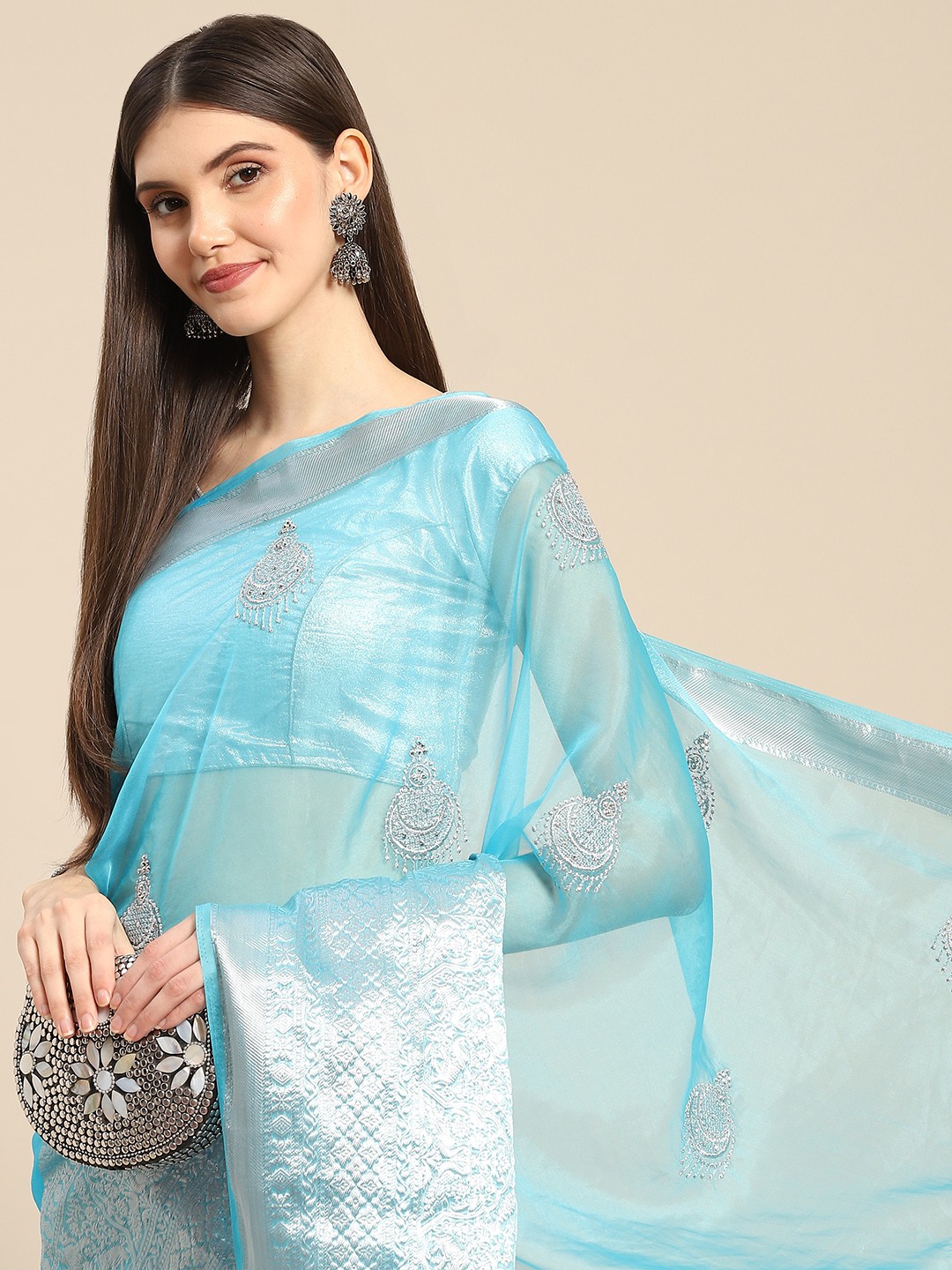 

Anouk Woman Teal & Grey Organza Saree