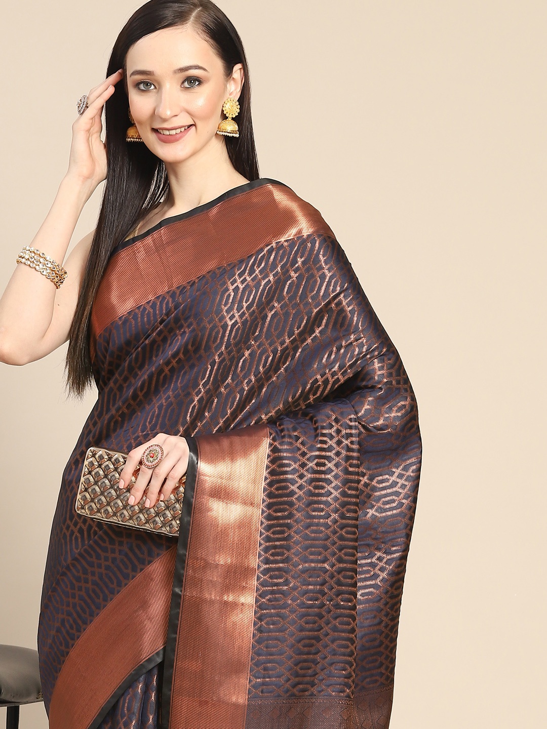 

Anouk Navy Blue & Rose Gold Woven Design Zari Silk Blend Banarasi Saree