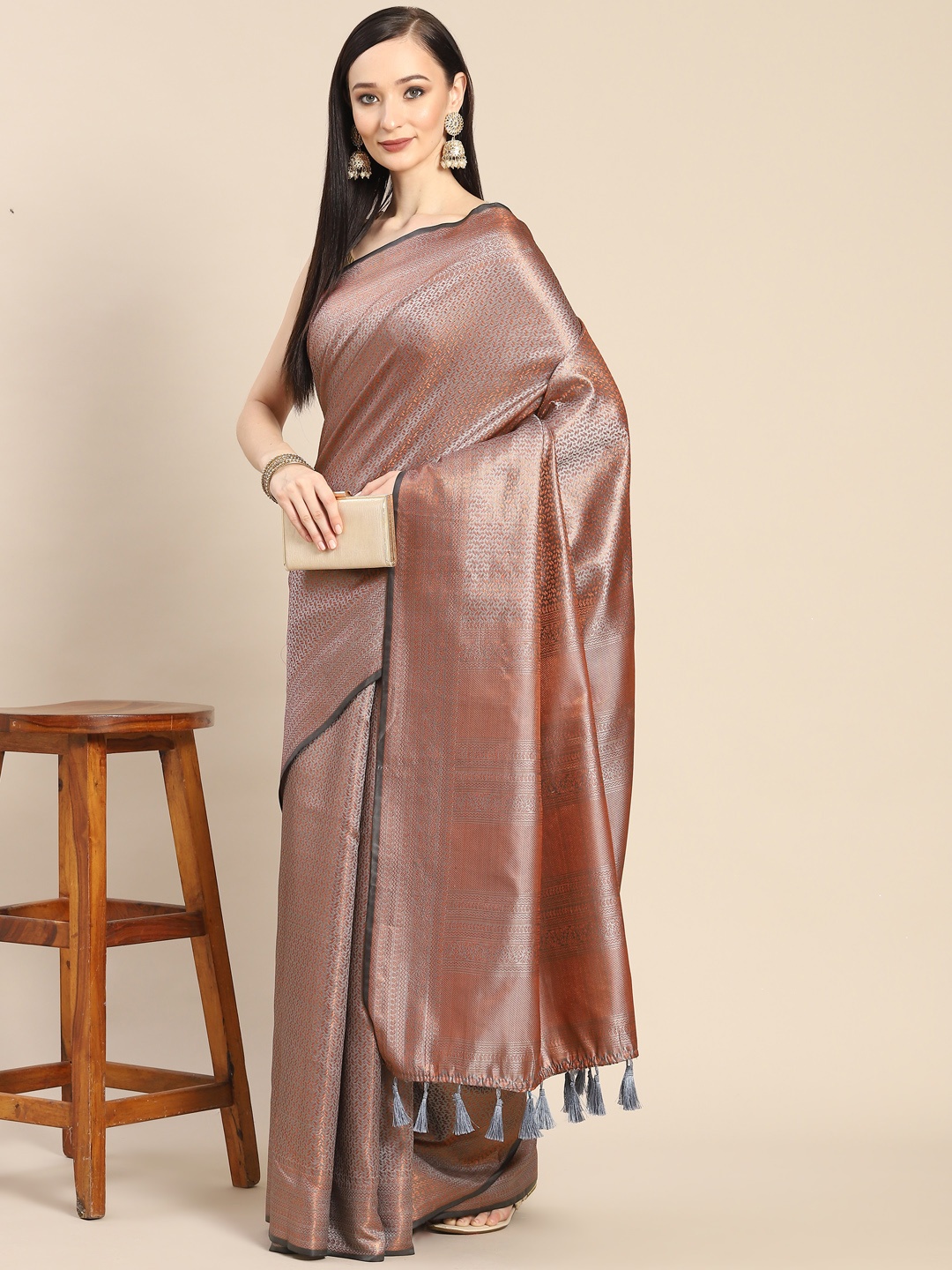 

Anouk Grey & Rose Gold Woven Design Zari Silk Blend Banarasi Saree