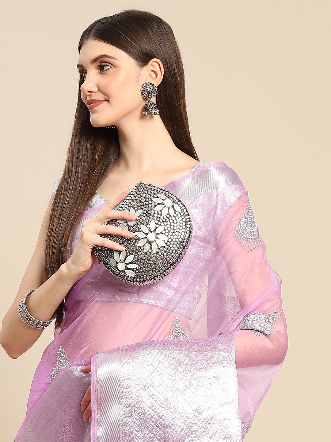 

Anouk Woman Lavender & Grey Embellished Organza Saree