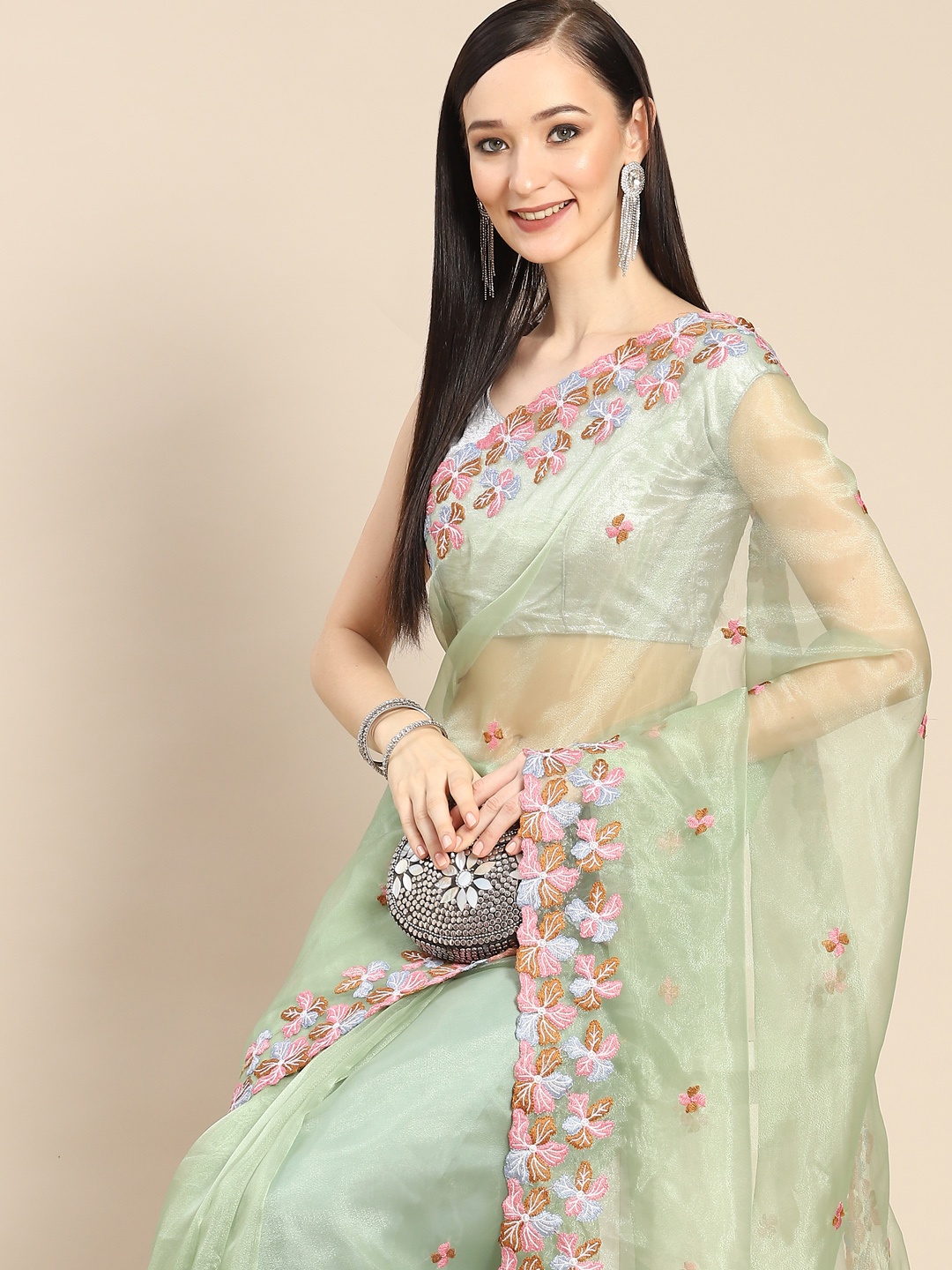 

Anouk Green & Pink Floral Organza Saree