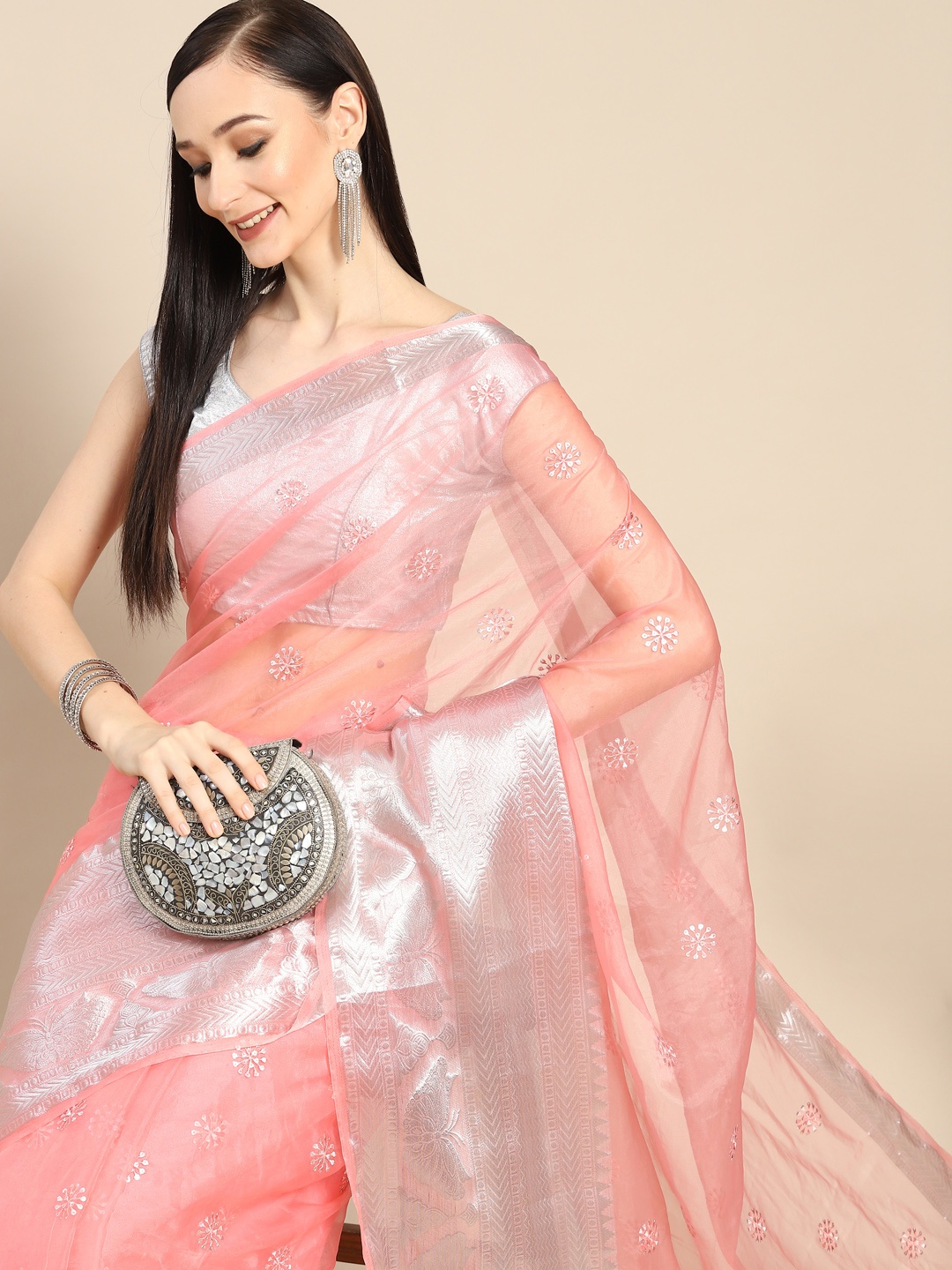 

Anouk Peach & Silver-Coloured Embellished Sequinned Organza Saree