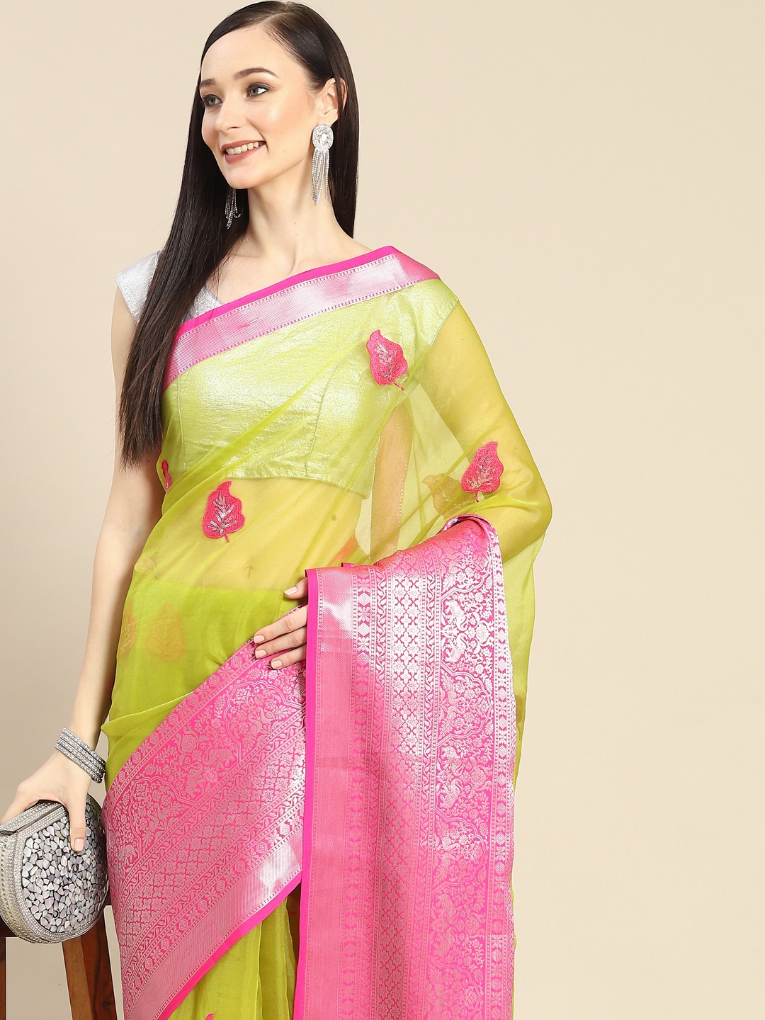 

Anouk Lime Green & Pink Floral Sequinned Organza Saree