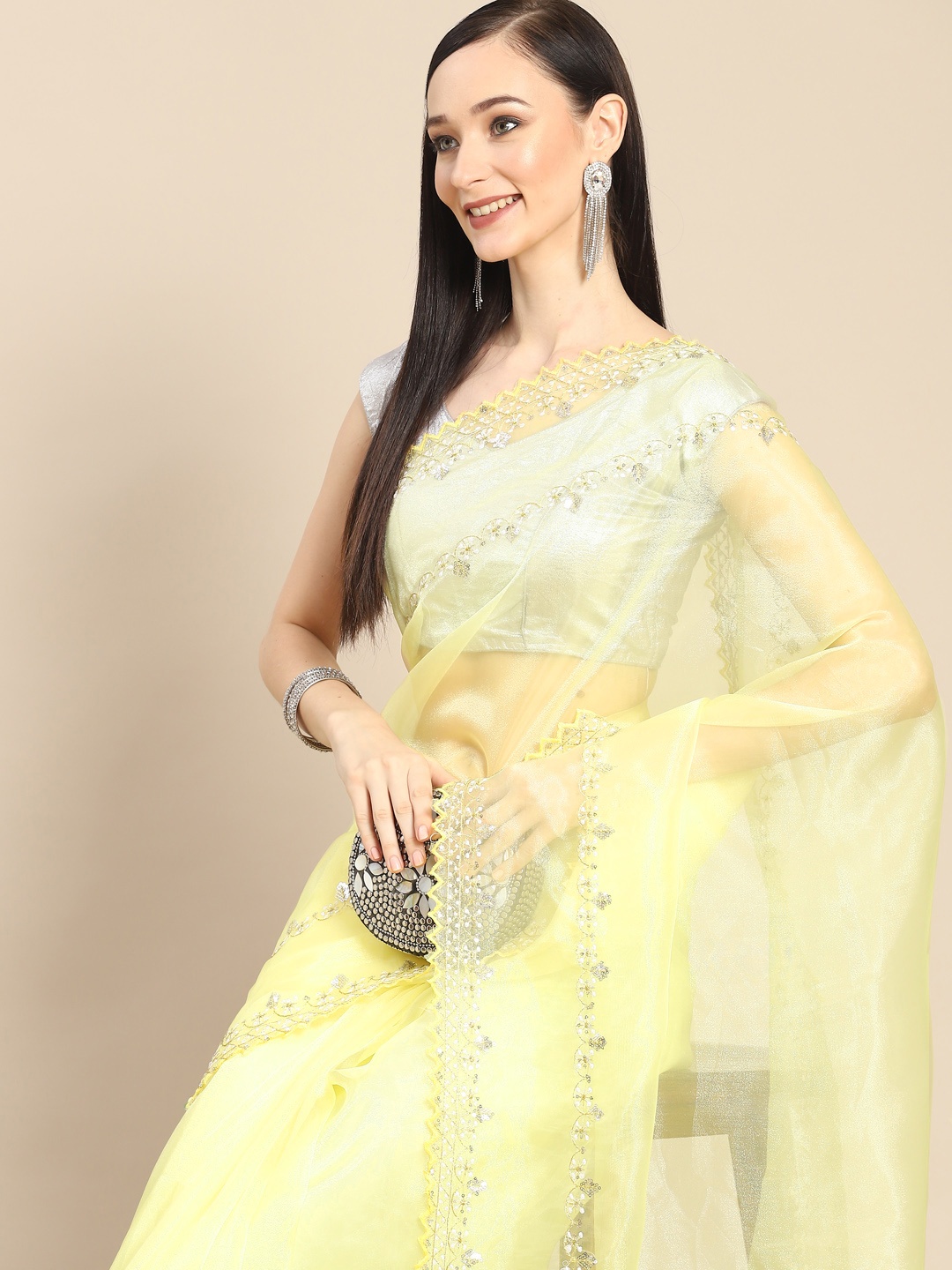 

Anouk Yellow Sequinned Organza Saree