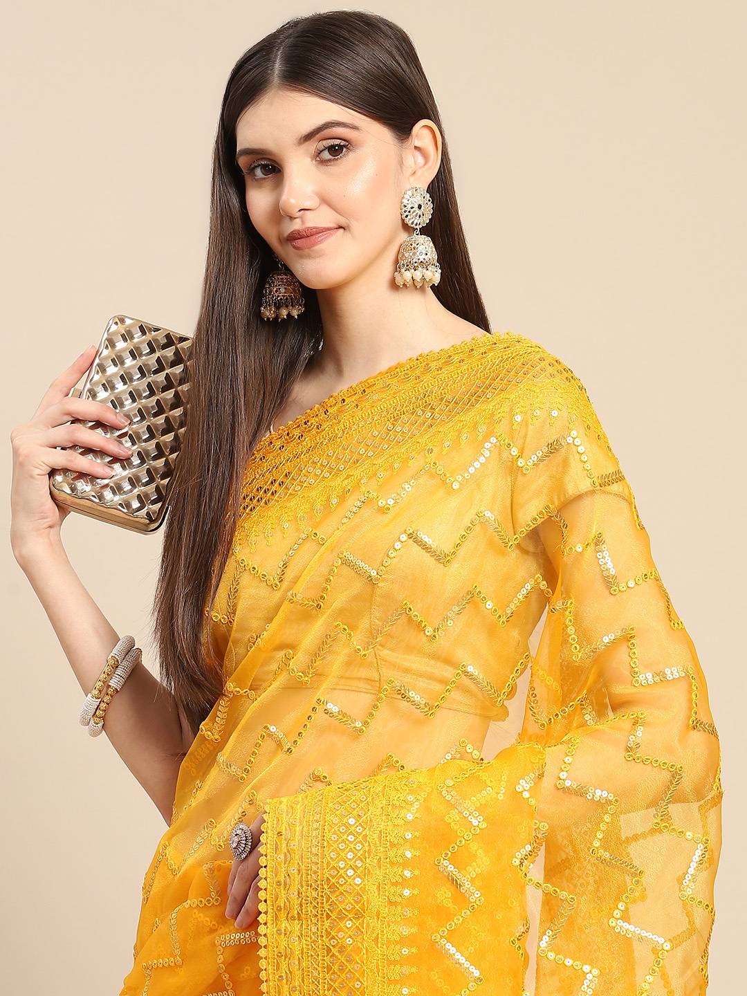 

Anouk Woman Mustard Embellished Sequinned Organza Saree