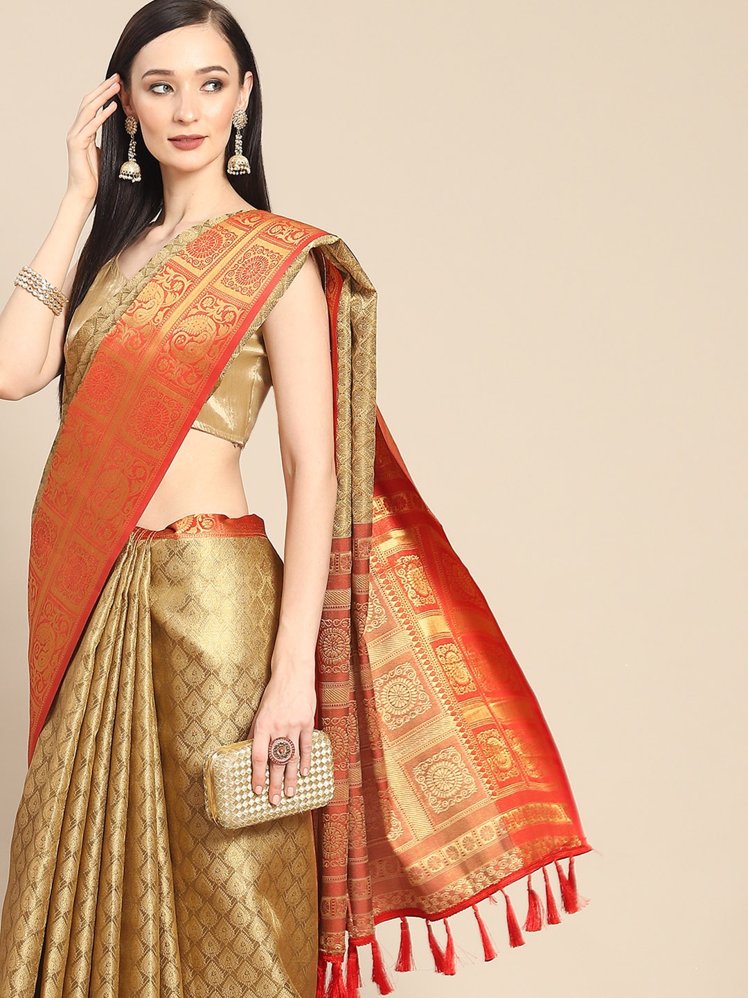 

Anouk Khaki & Golden Ethnic Motifs Silk Blend Banarasi Saree