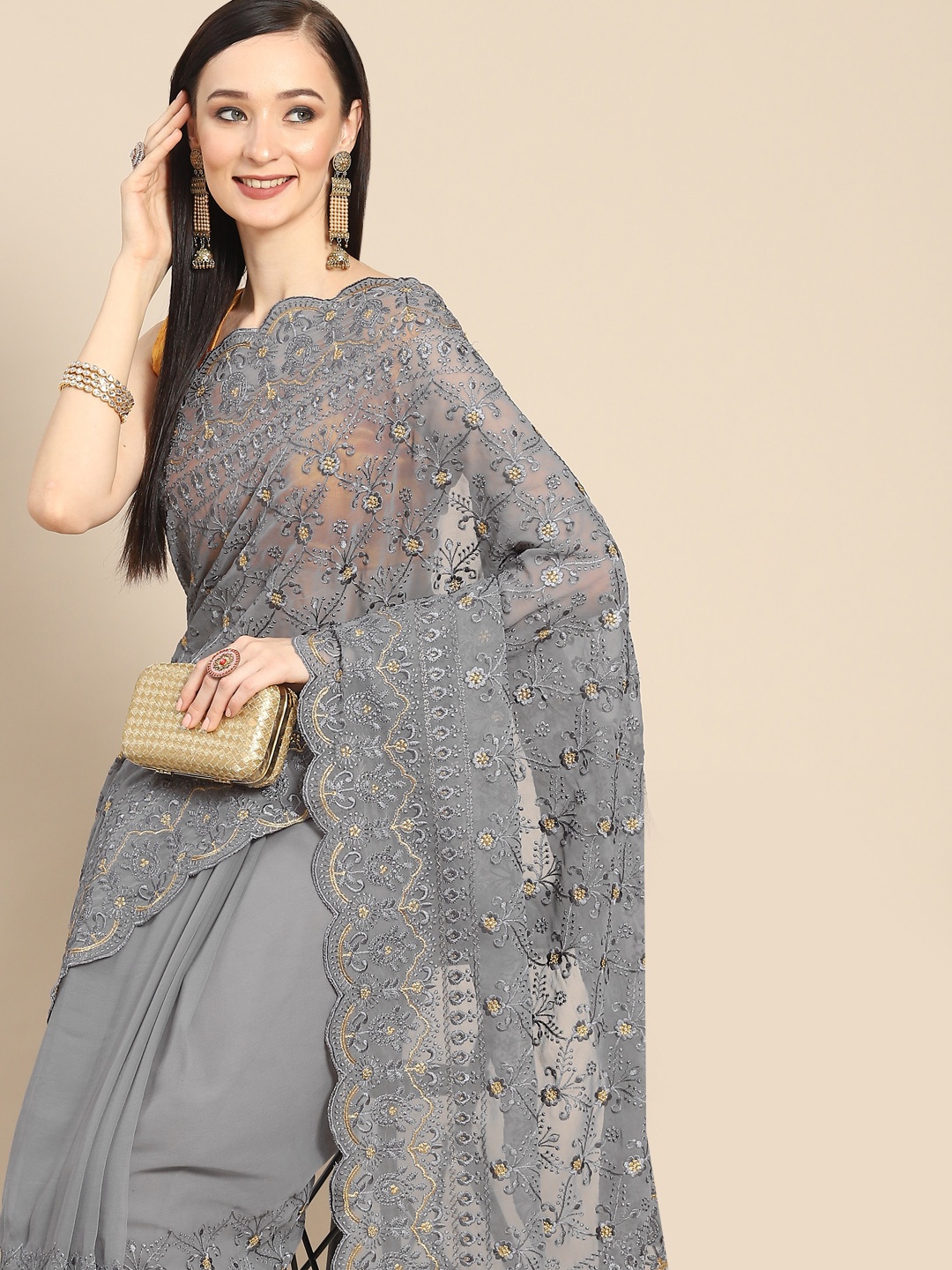 

Anouk Grey Floral Embroidered Poly Georgette Saree