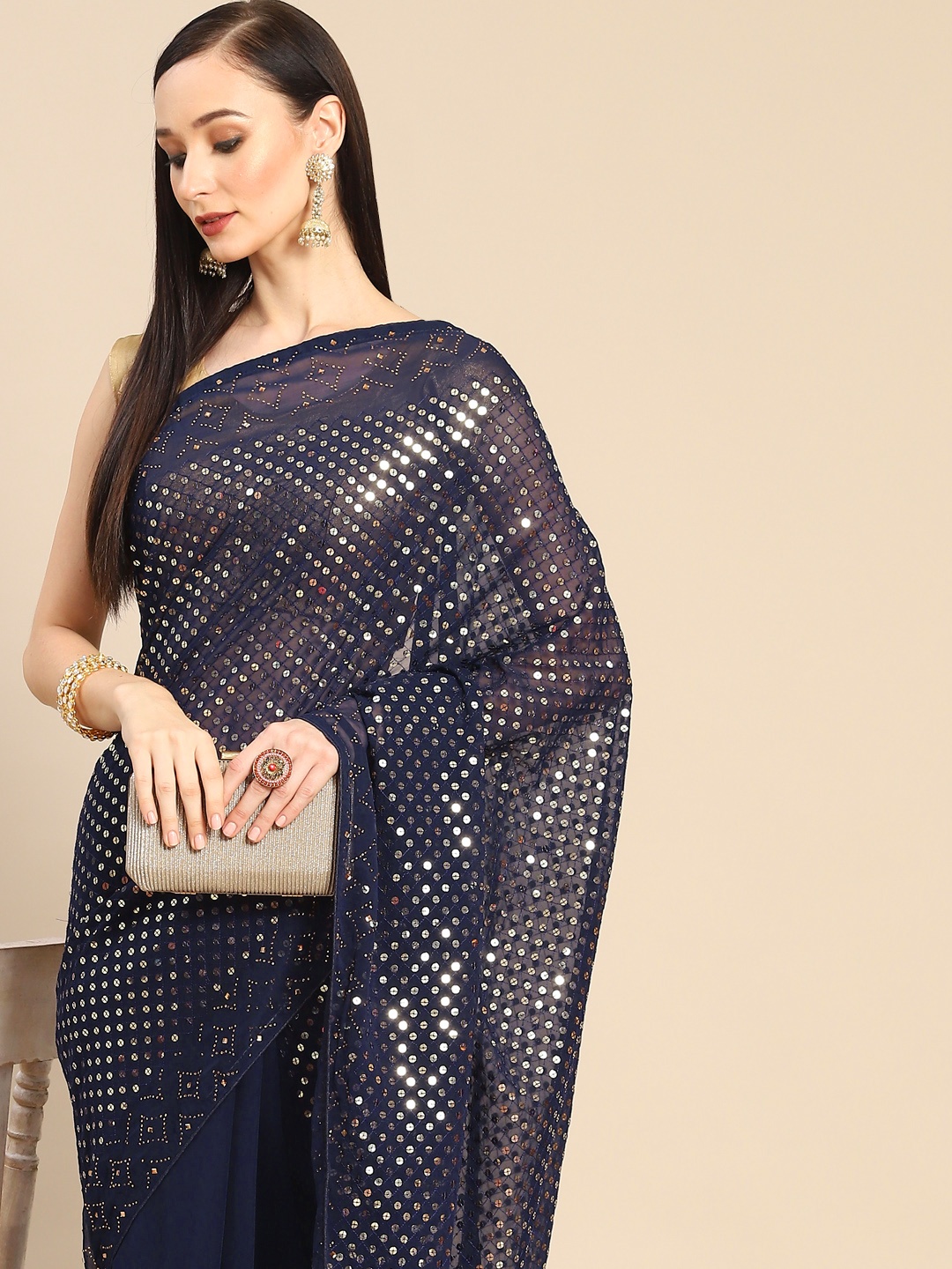 

Anouk Navy Blue Embellished Poly Georgette Saree