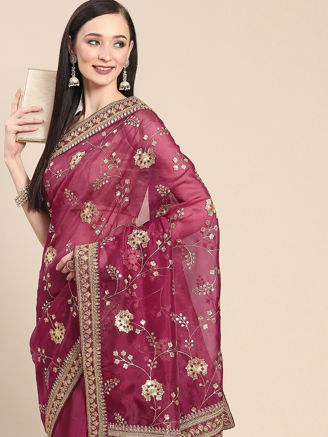 

Anouk Burgundy & Golden Floral Sequinned Organza Saree