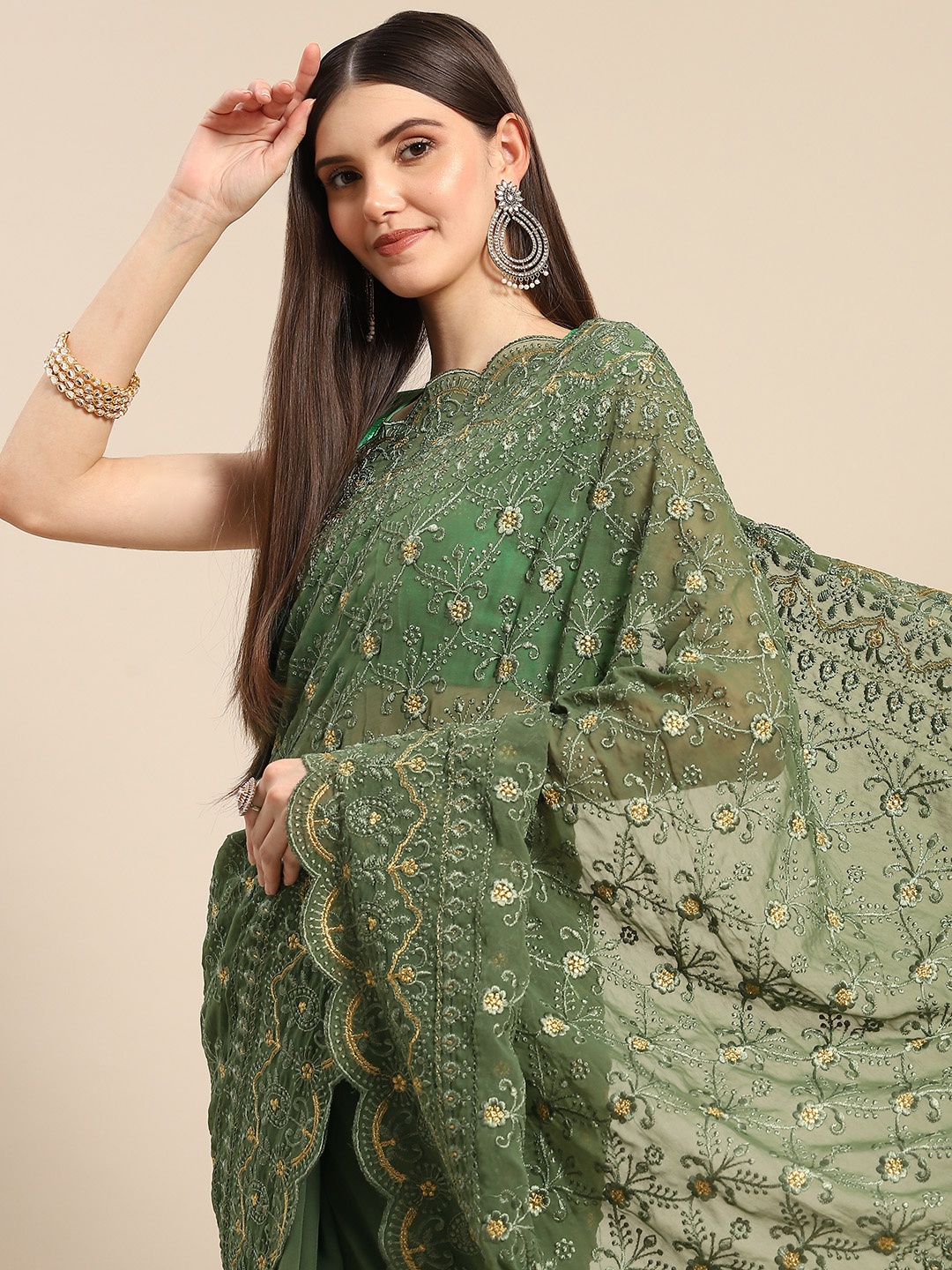 

Anouk Green Floral Embroidered Poly Geogette Saree