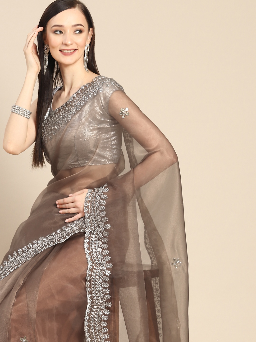 

Anouk Copper & Silver-Coloured Sequinned Organza Saree