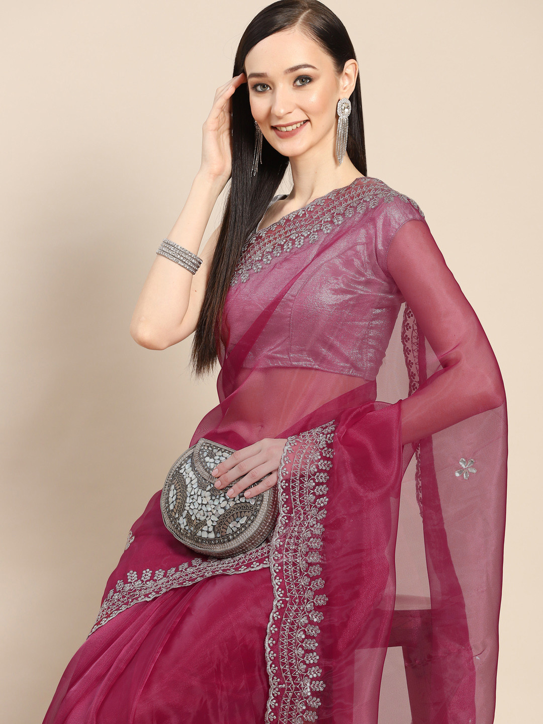 

Anouk Pink & Silver-Coloured Sequinned Organza Saree