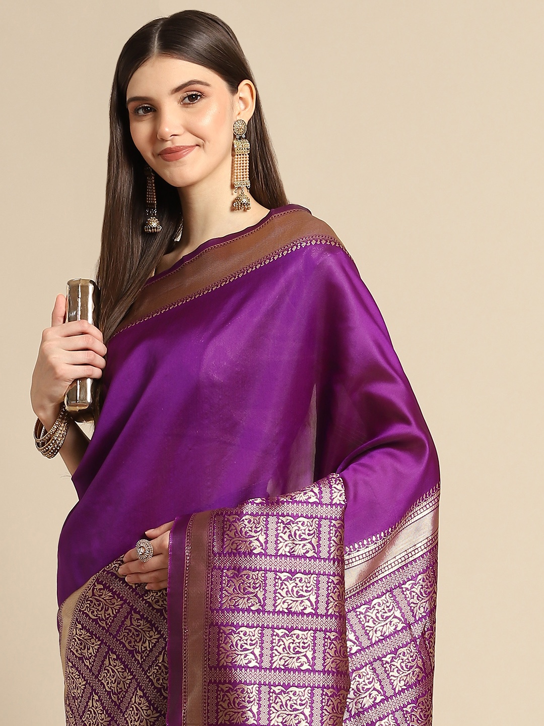 

Anouk Purple & Golden Ethnic Motifs Zari Silk Blend Banarasi Saree