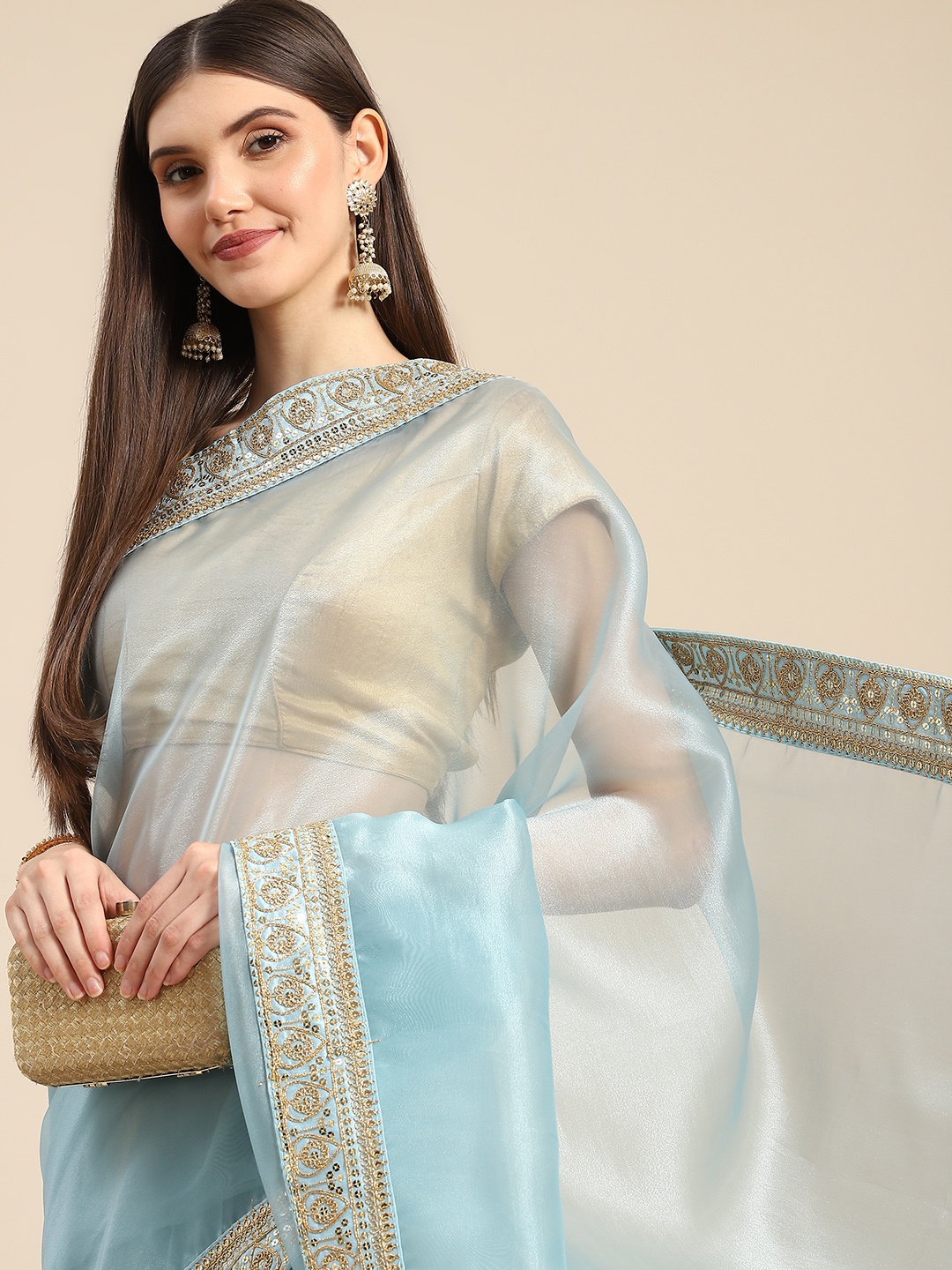 

Anouk Turquoise Blue Sequinned Organza Saree