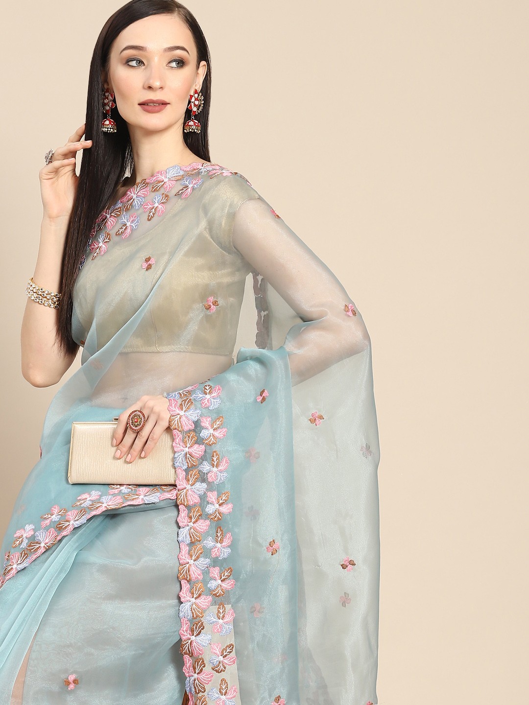 

Anouk Blue & Pink Floral Organza Saree