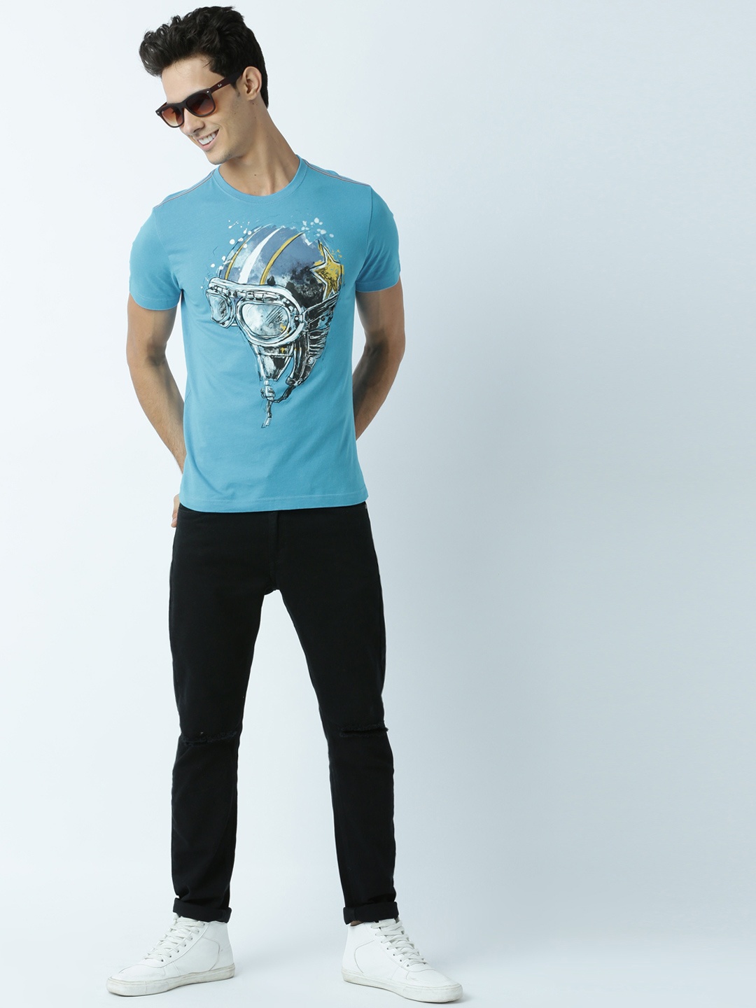 

Huetrap Men Turquoise Blue Printed Round Neck T-shirt
