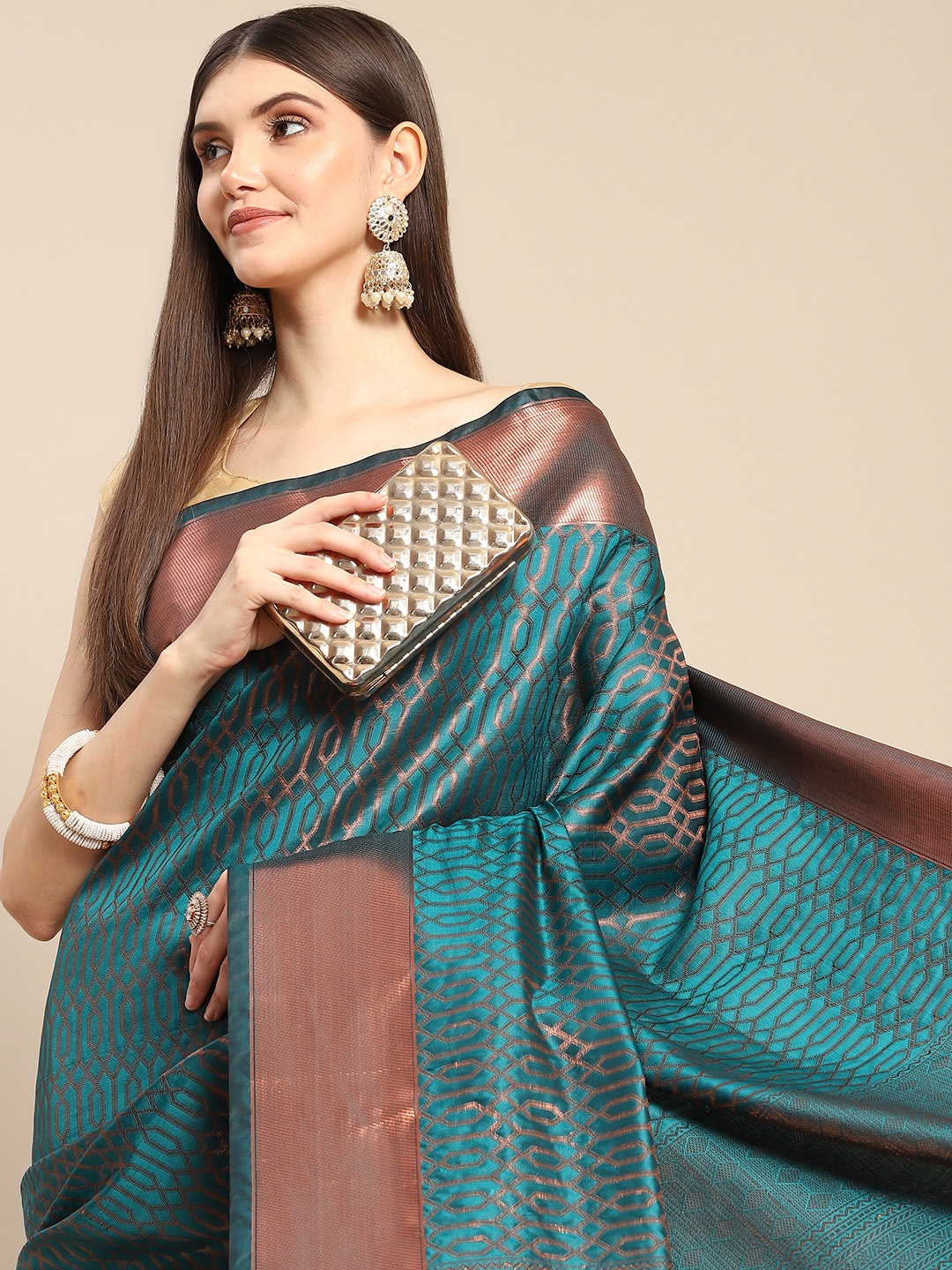 

Anouk Teal Green & Rose Gold Woven Design Zari Silk Blend Banarasi Saree