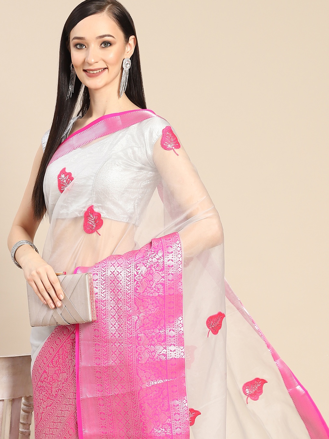 

Anouk Grey & Pink Floral Sequinned Organza Saree