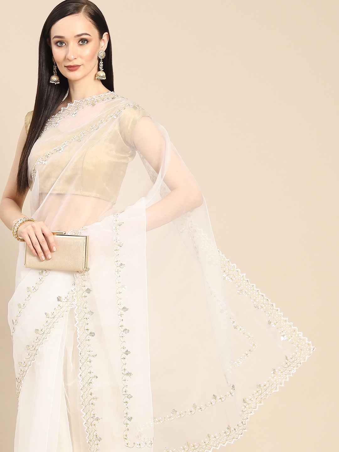 

Anouk White Sequinned Organza Saree With Embroidered Border