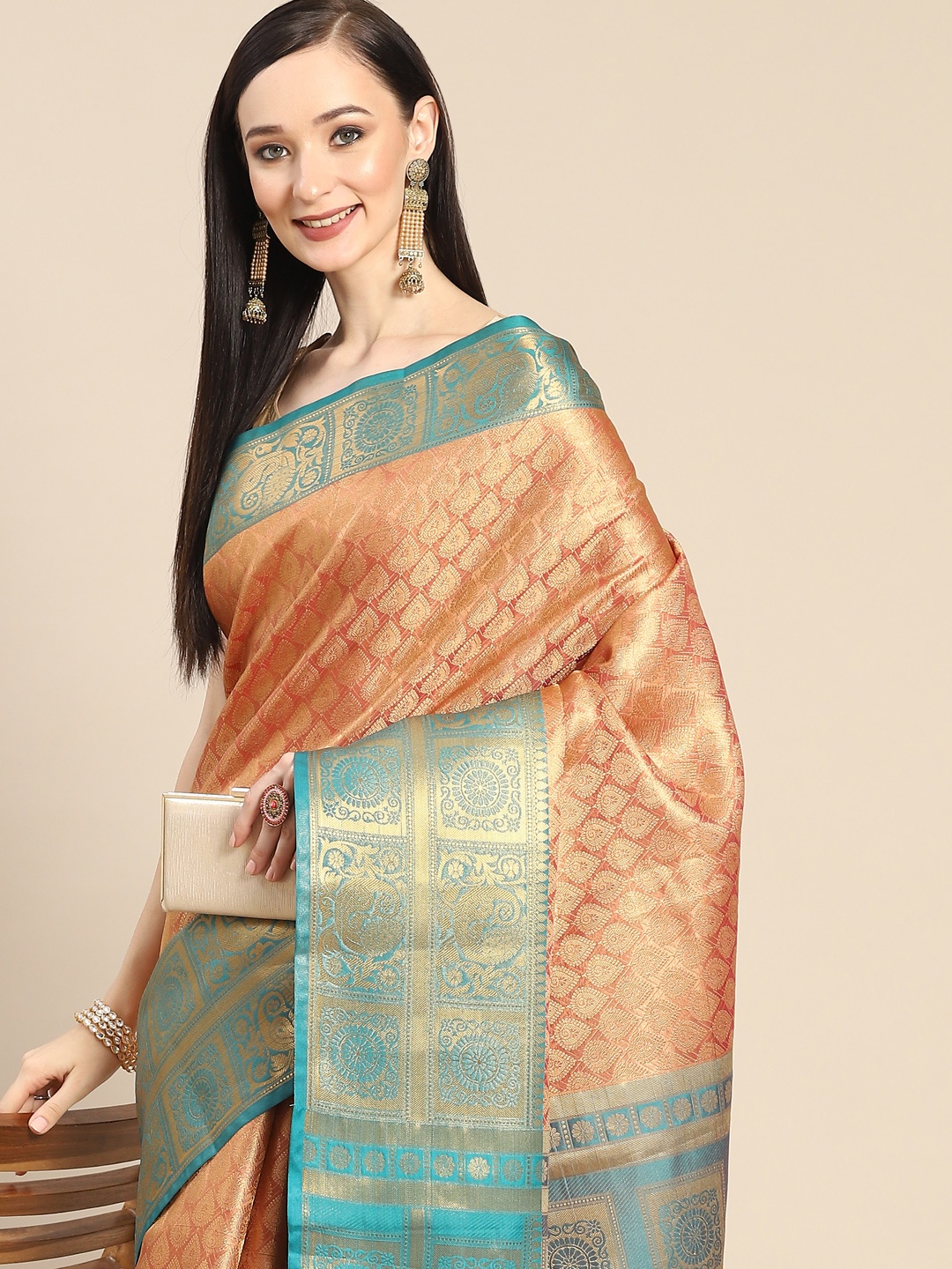 

Anouk Mustard Yellow & Golden Ethnic Motifs Zari Silk Blend Banarasi Saree