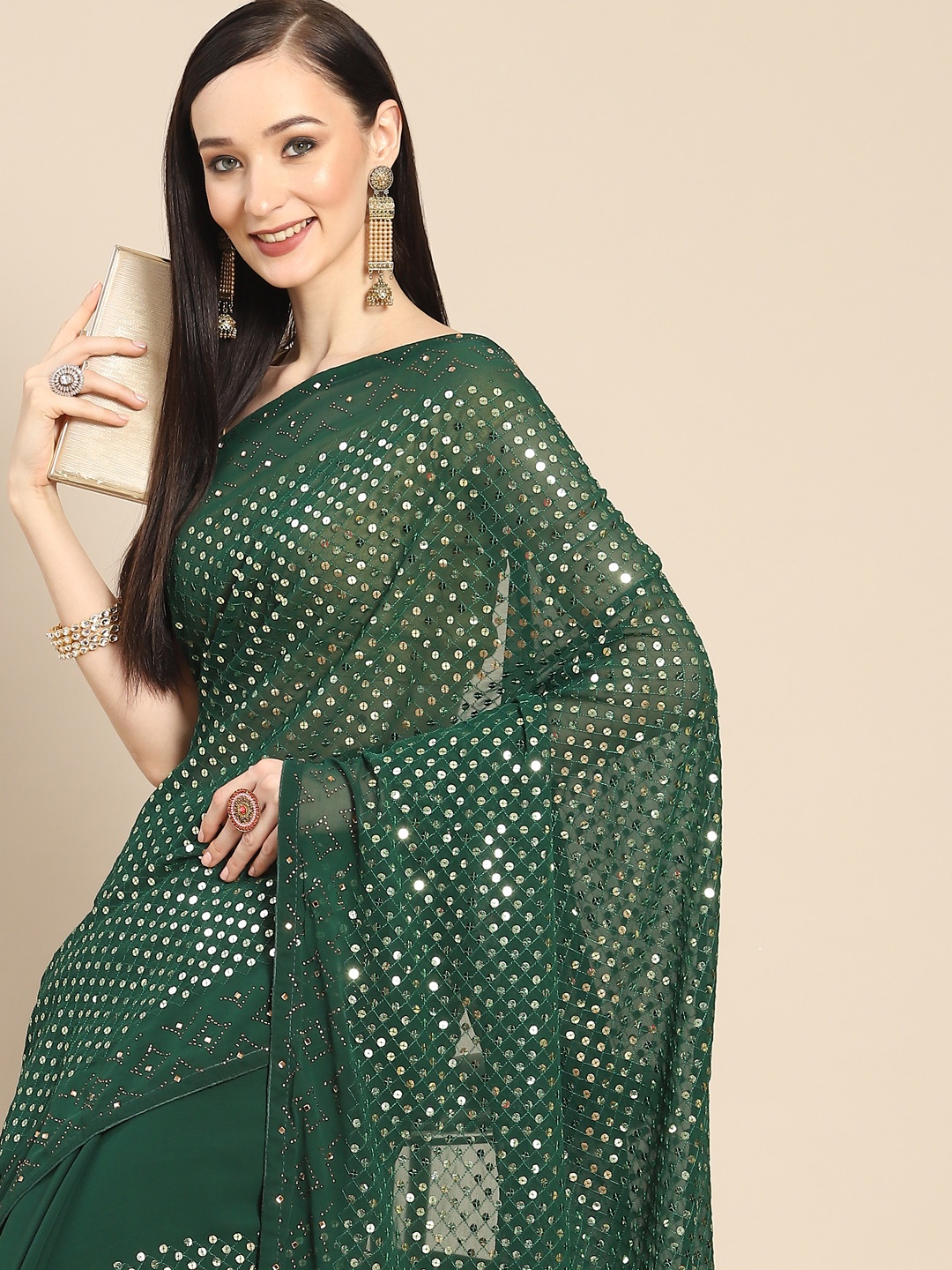 

Anouk Green Embellished Sequinned Poly Georgette Saree