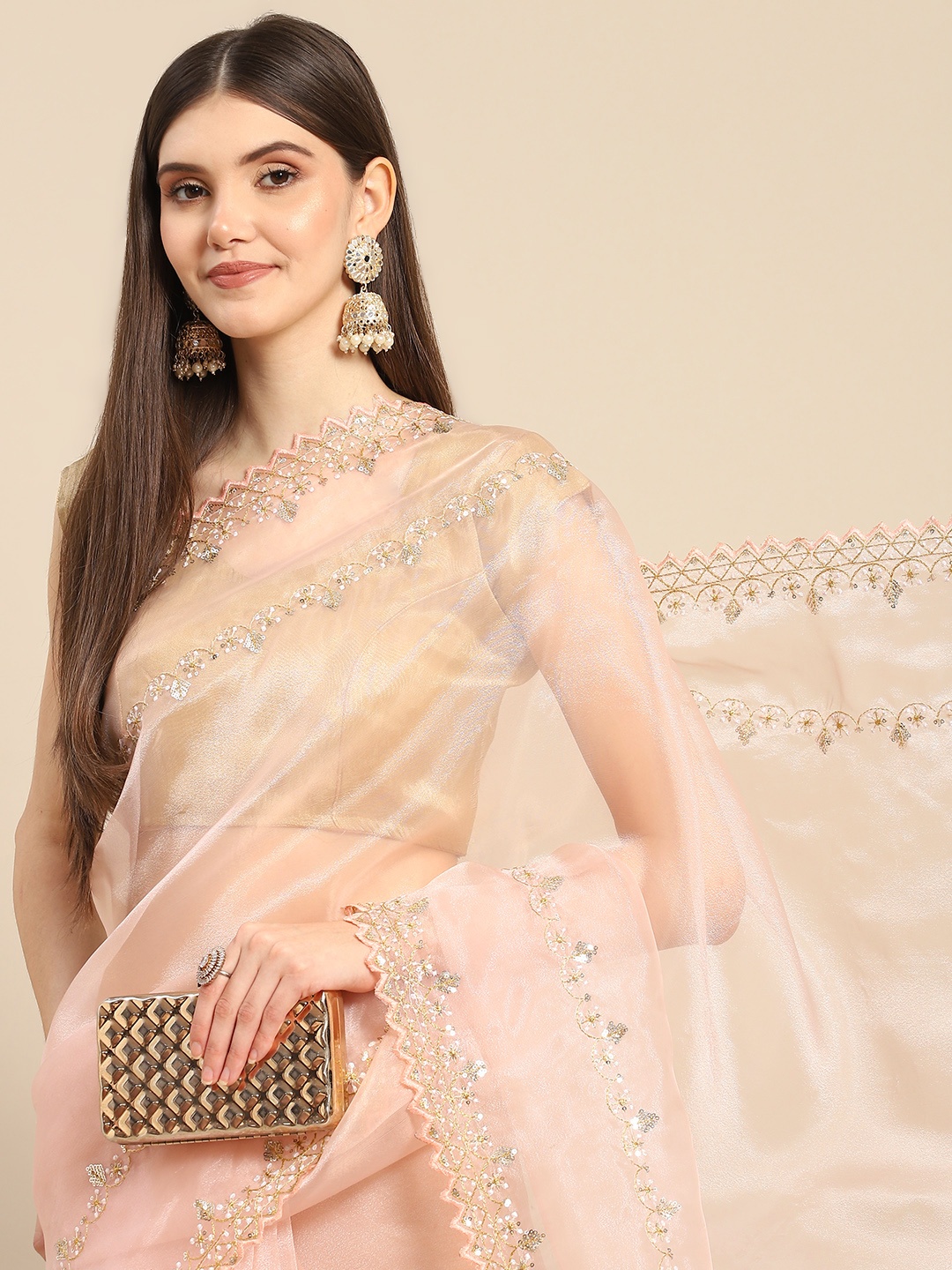 

Anouk Pink Sequinned Organza Saree With Embroidered Border