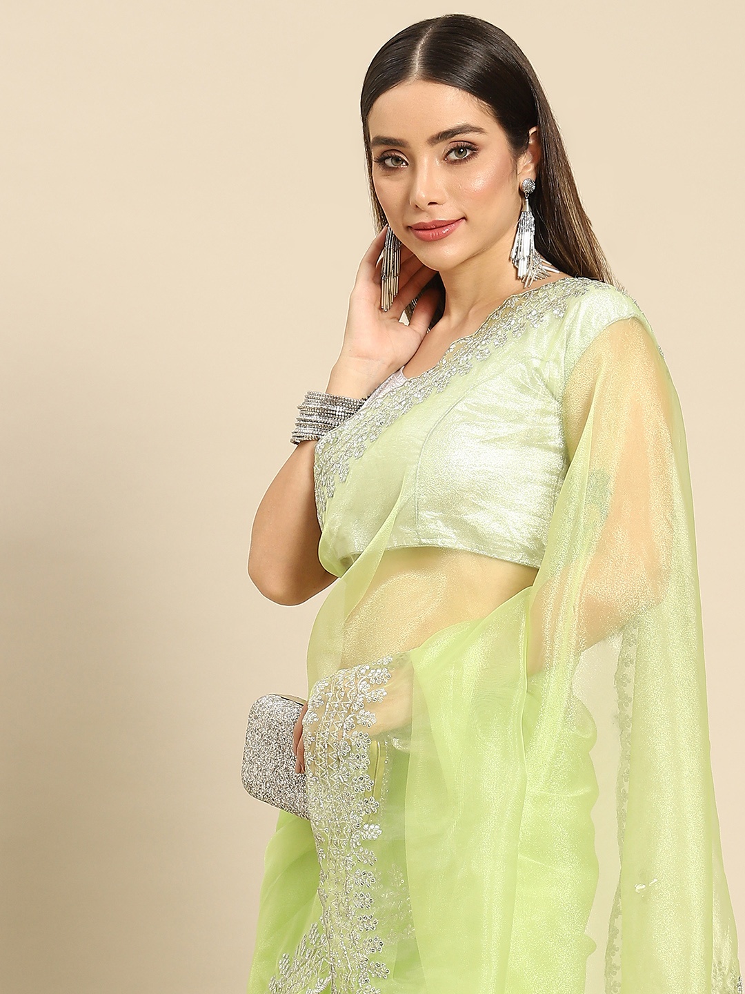 

Anouk Green Ethnic Motifs Embroidered Organza Saree