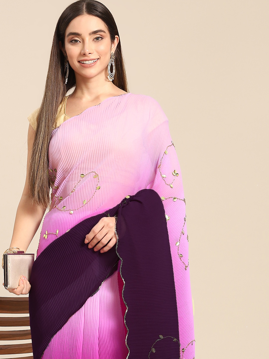 

Anouk Woman Pink & Burgundy Embellished Saree