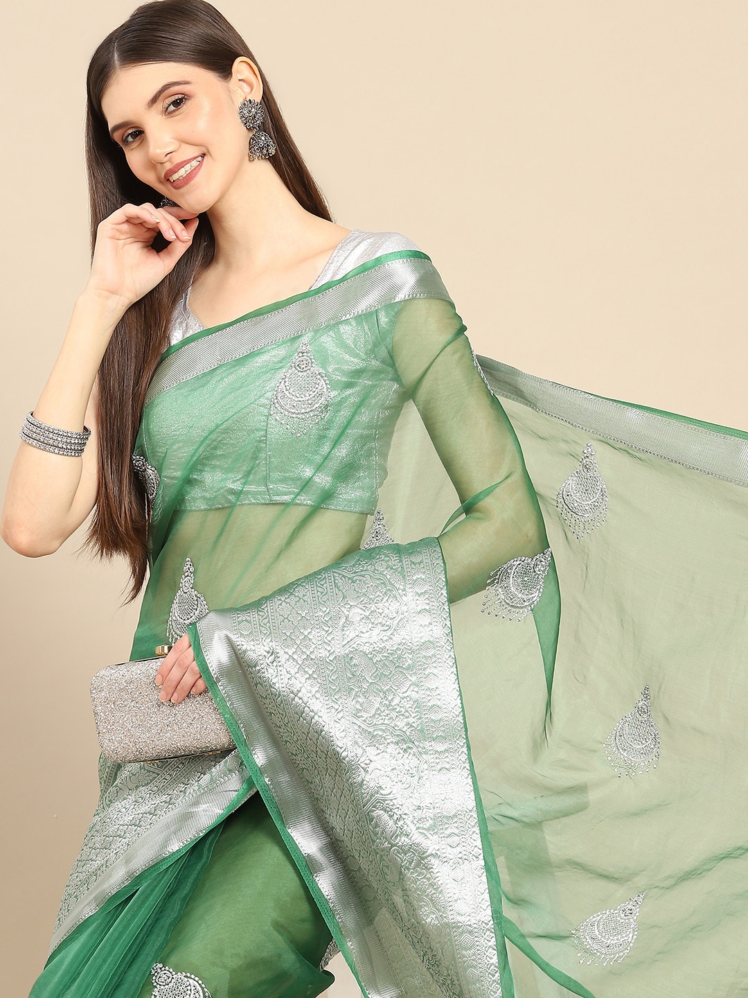 

Anouk Woman Green & Grey Embellished Organza Saree