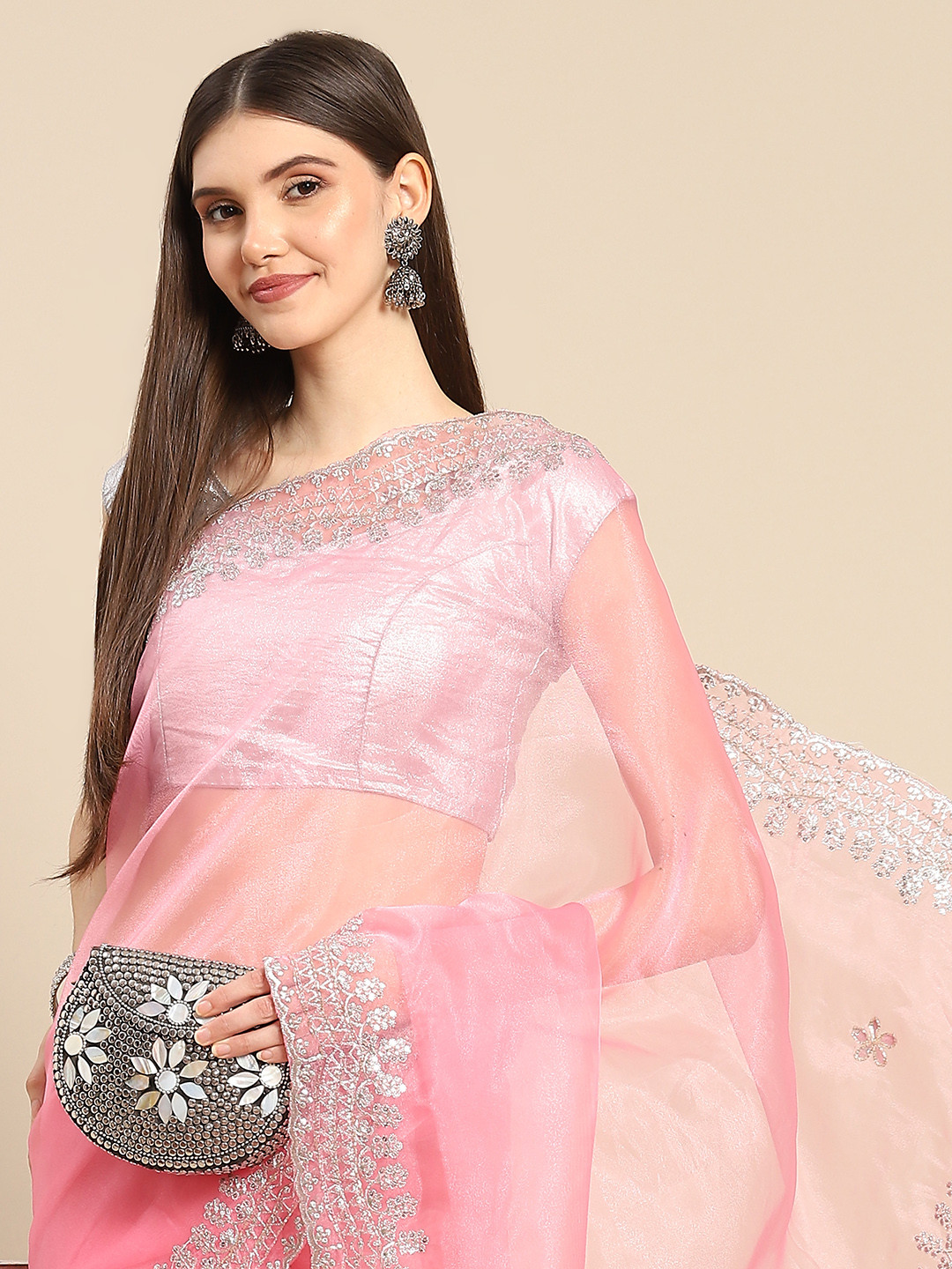 

Anouk Pink Sequinned Organza Saree With Embroidered Border