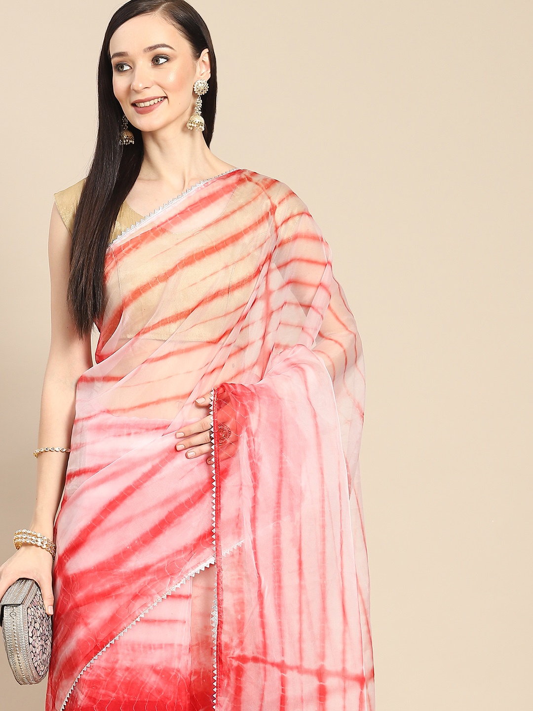 

Anouk Off White & Pink Tie and Dye Organza Saree
