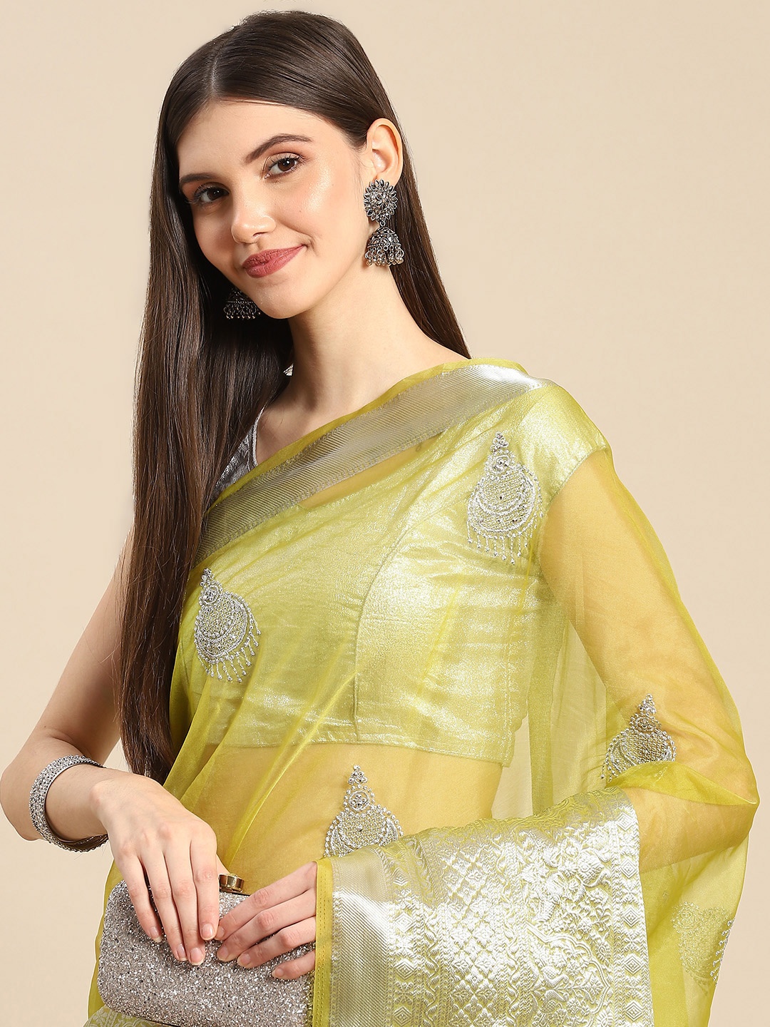 

Anouk Woman Lime Green & Grey Embellished Organza Saree